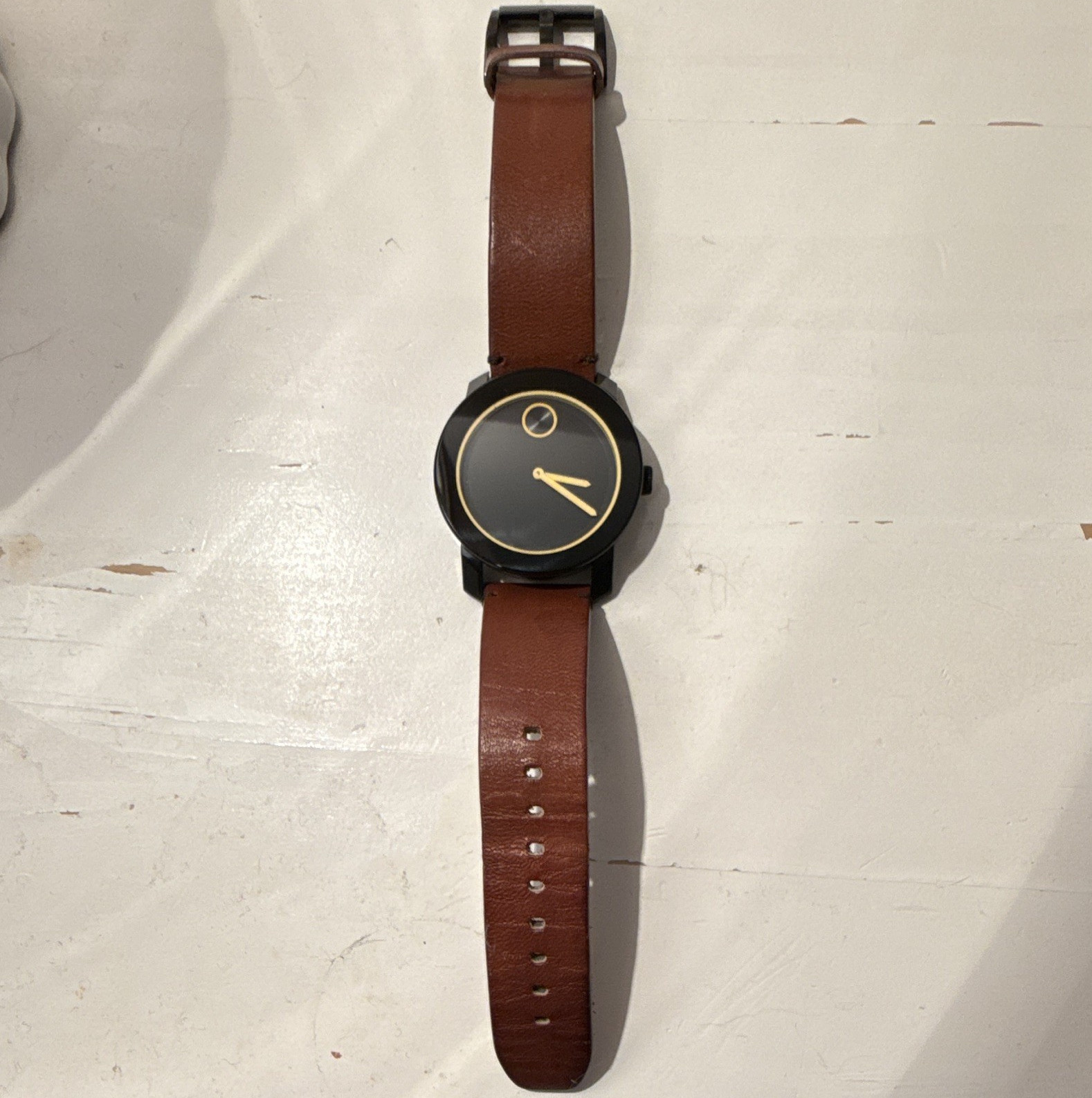 Movado Bold Men’s Quartz Analog Watch Black/Gold Dial Brown Leather Strap