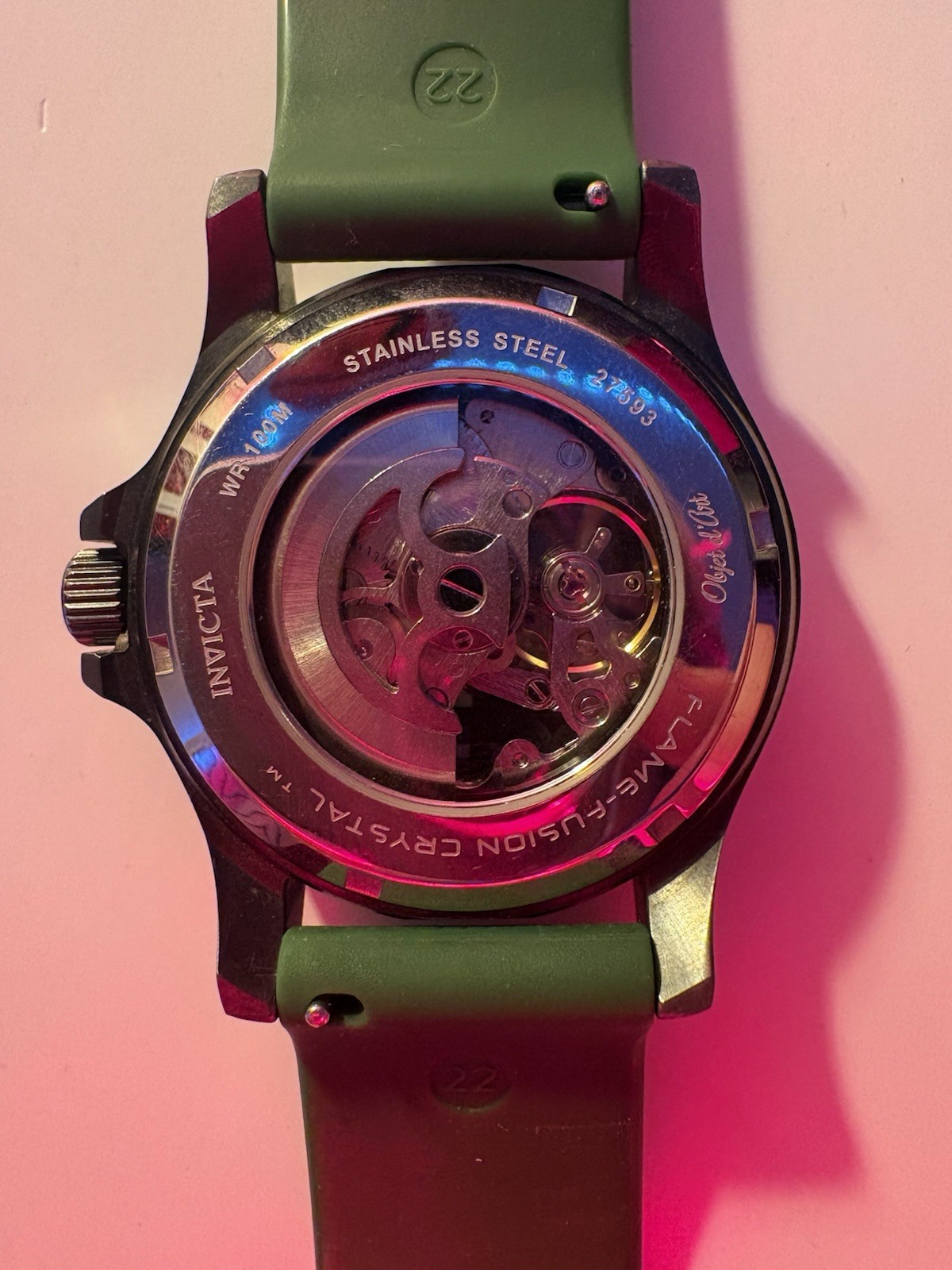 Invicta Objet D Art Automatic Skeleton Dial Diver Watch Green Silicone Strap