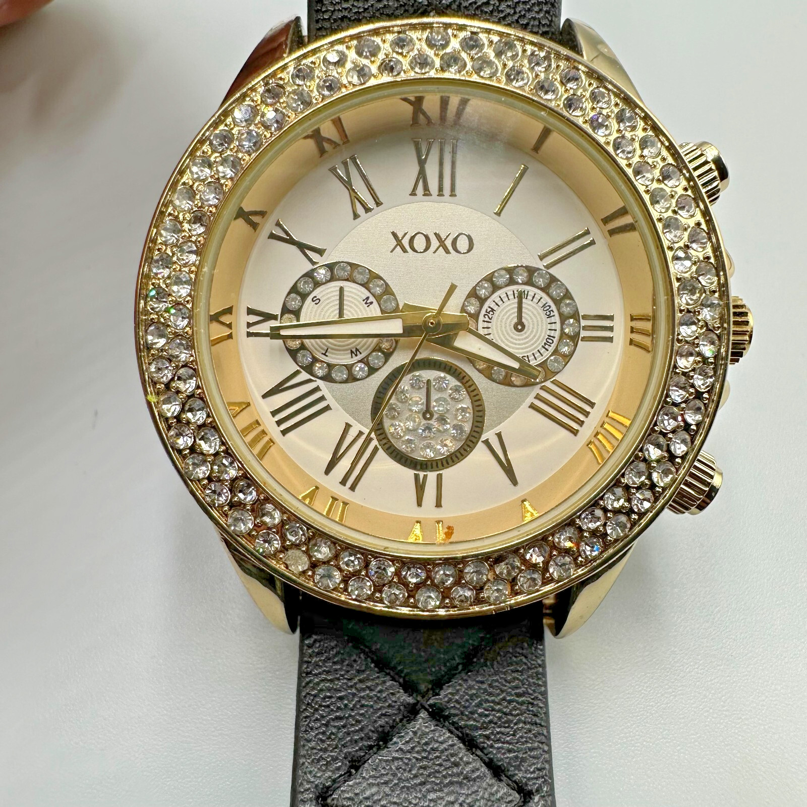 XOXO Watch Women Gold Tone Black Quilted Faux Leather Band New Battery 9″