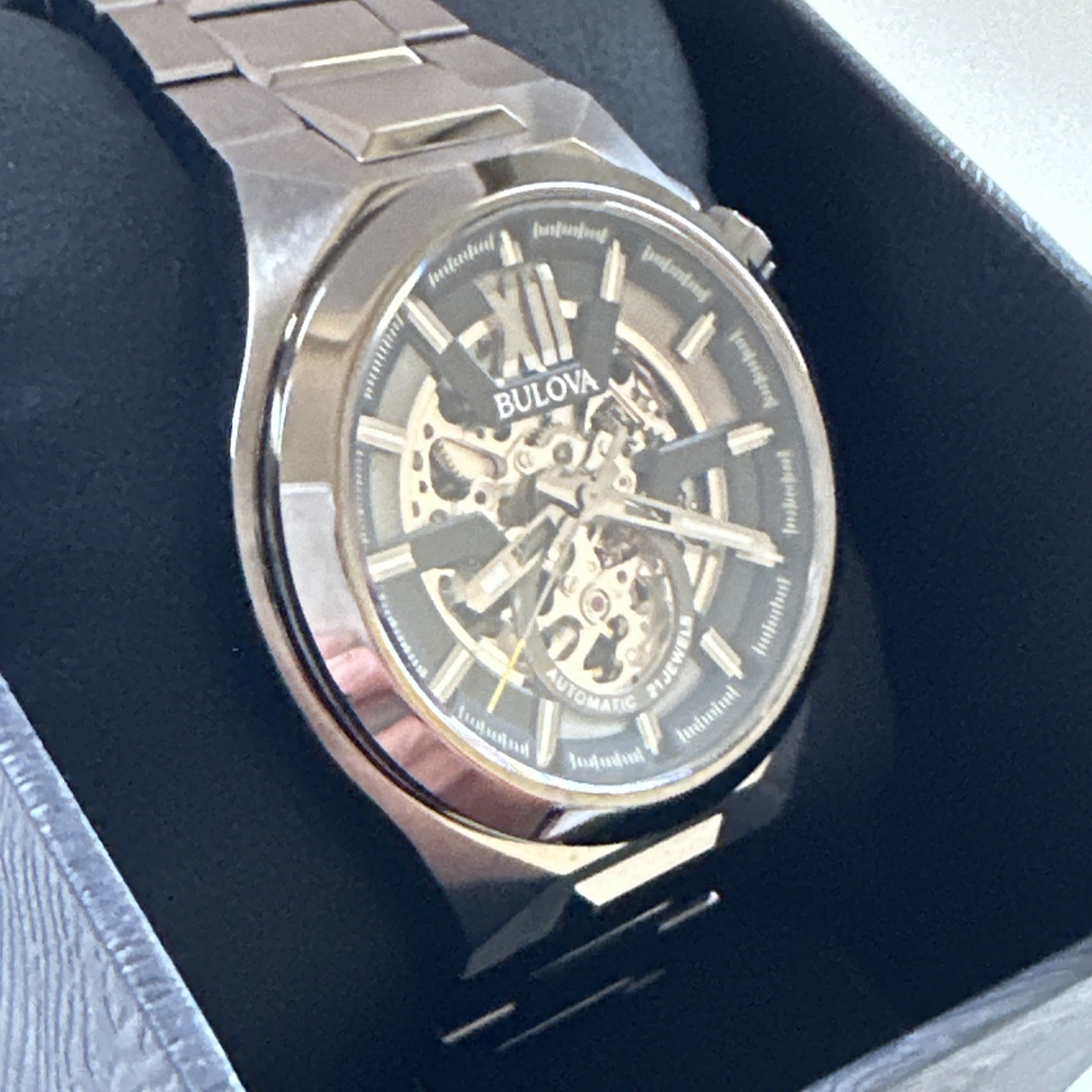 Bulova Womens Maquina Automatic Skeleton Gray Stainless Steel Watch 46MM 98A179