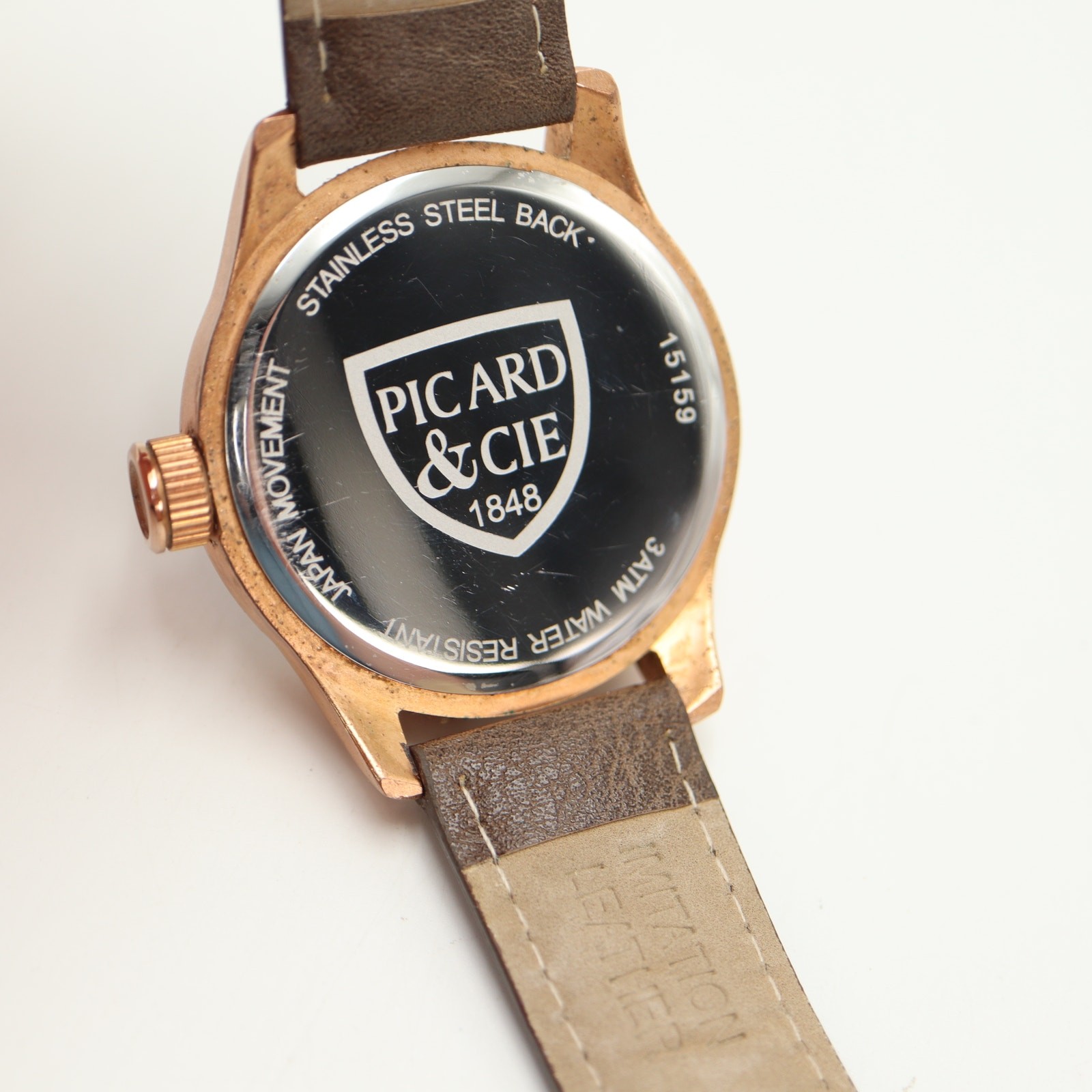 Picard & Cie Mens Blue Date 44mm Watch Rose Gold Tone Faux Leather w New Battery