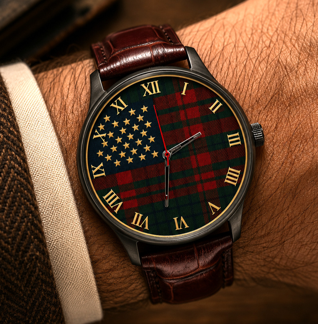 Designer USA Flag Scottish Tartan Luxury Stars & Stripes Solid Brass Dress Watch