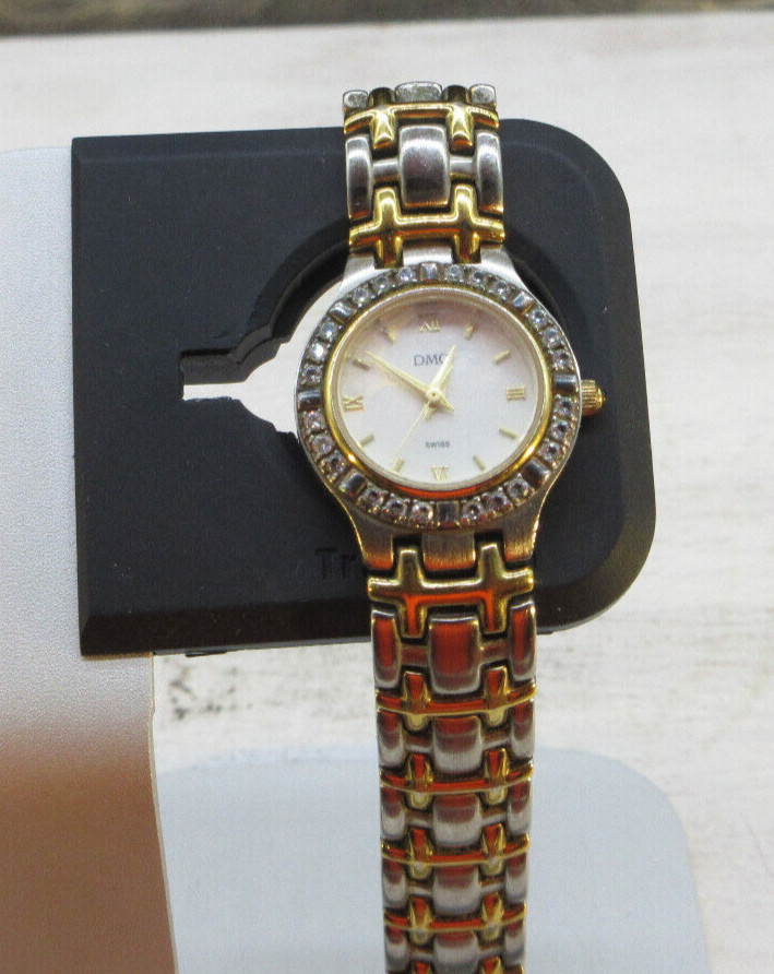 DMQ Swiss Watch Satin Finished Silver and Gold Tone with Crystal Bezel