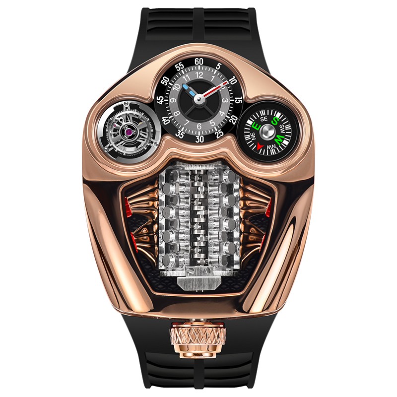 Men’s Supercar V12 Engine QUARTZ Watch 3 Eye Multi-Function Compass Dial Skeleto