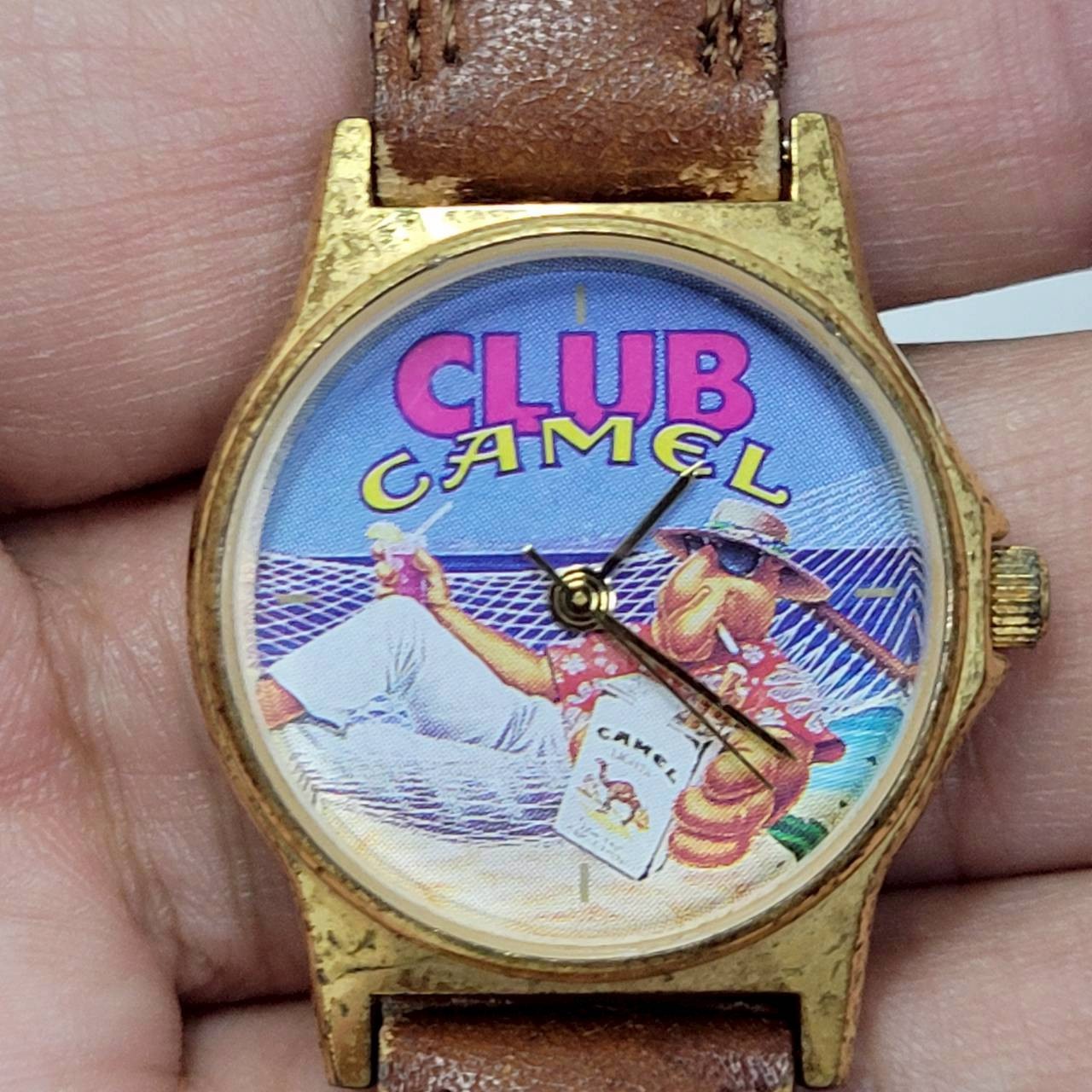 Vintage 90s Club Camel Joe Camel Watch Gold Case Brown Leather Band Quartz 27 mm