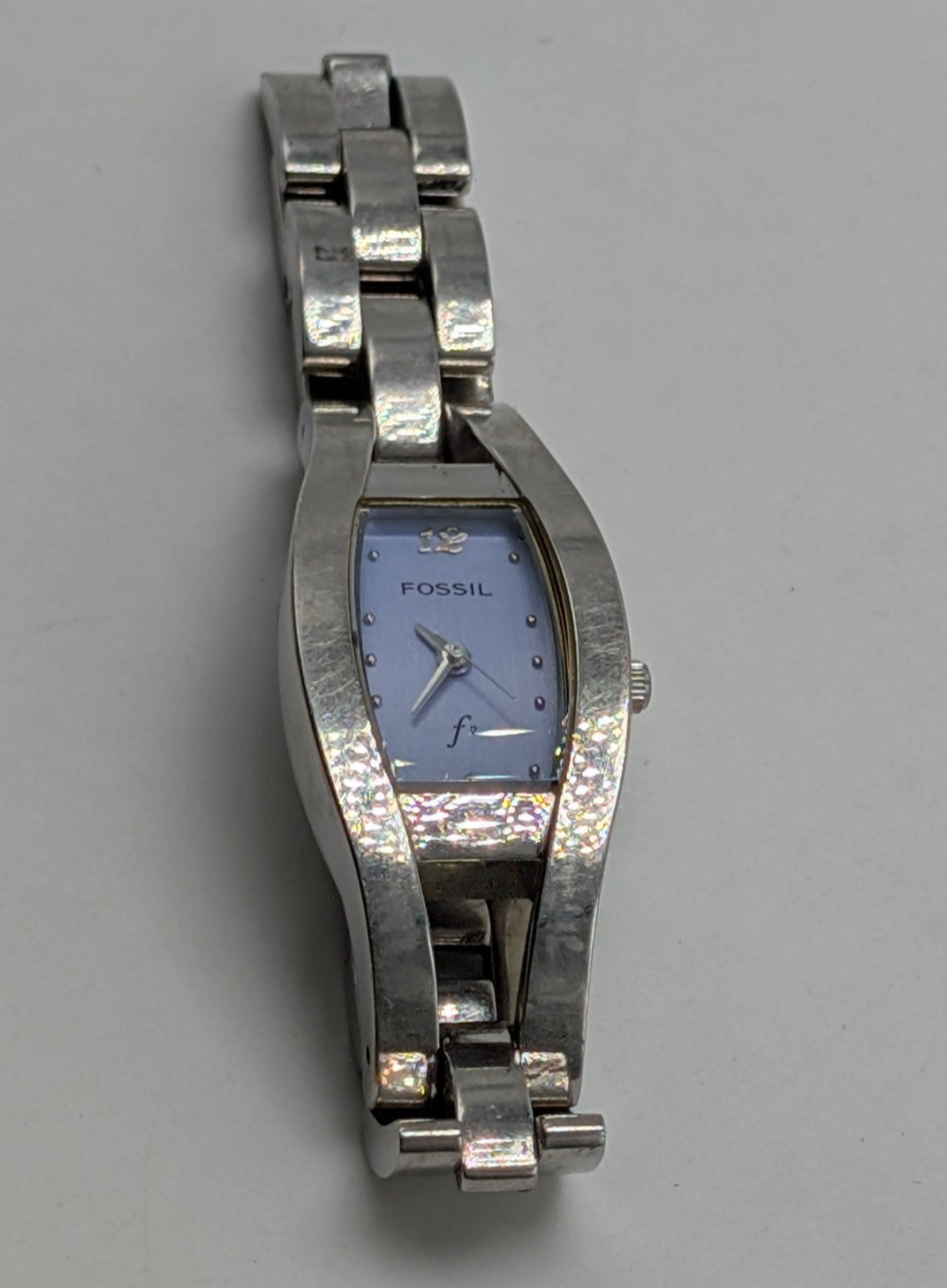 Fossil F2 Womens Silver Watch Blue/Purple Dial Bracelet NEEDS BATTERY