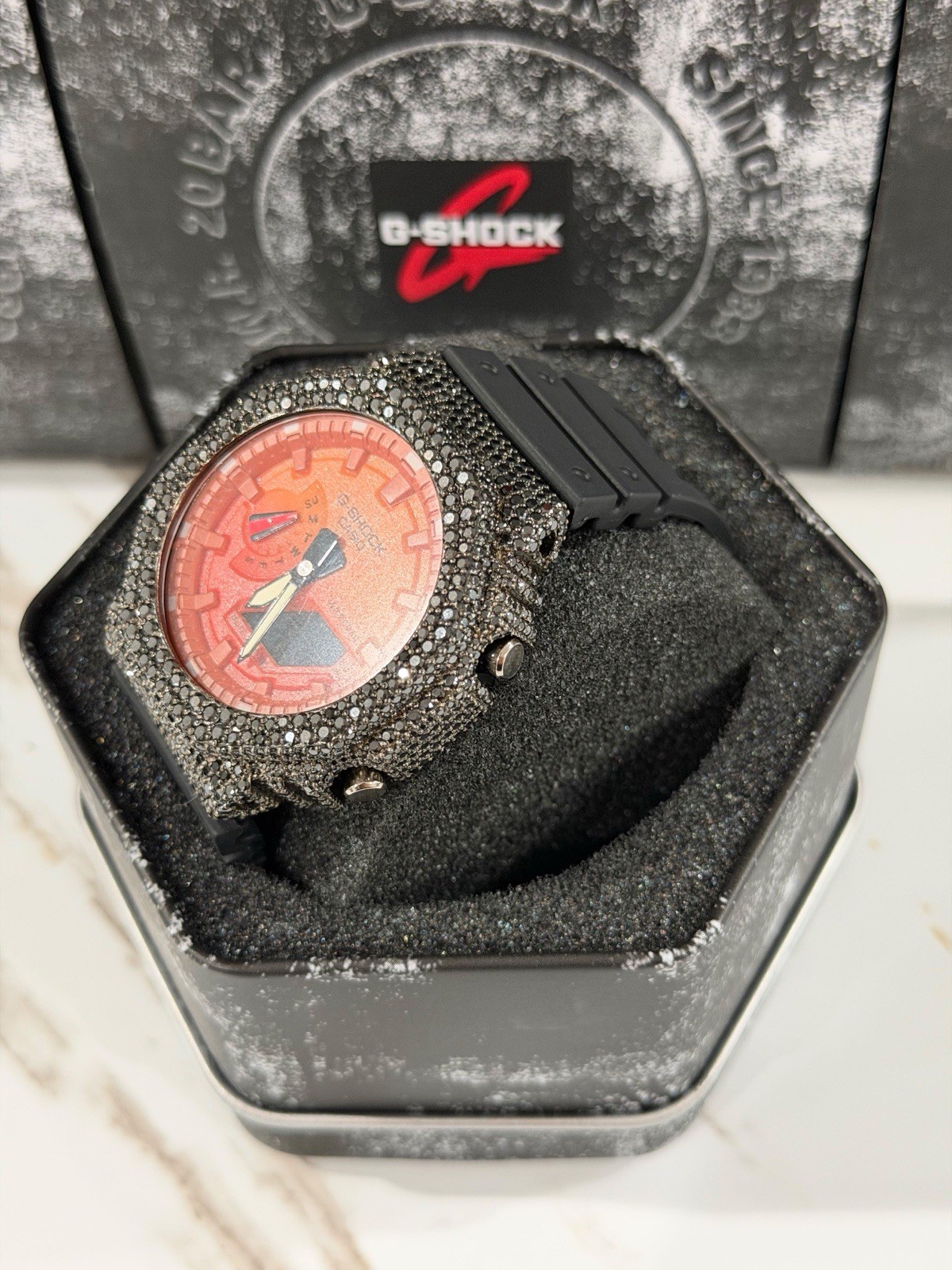 Casio GA-2100 G-Shock Watch – Moissanite Case Mod – Orange Dial
