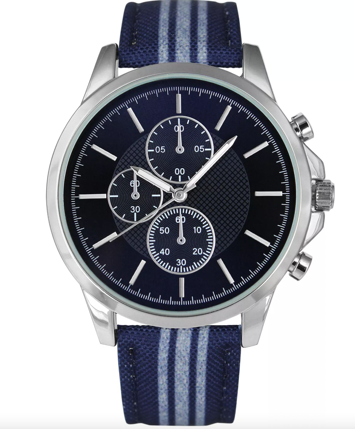 INC I.N.C INTERNATIONAL SILVER-TONE BLUE STRIPED DENIM MEN’S WATCH 42 MM NIB