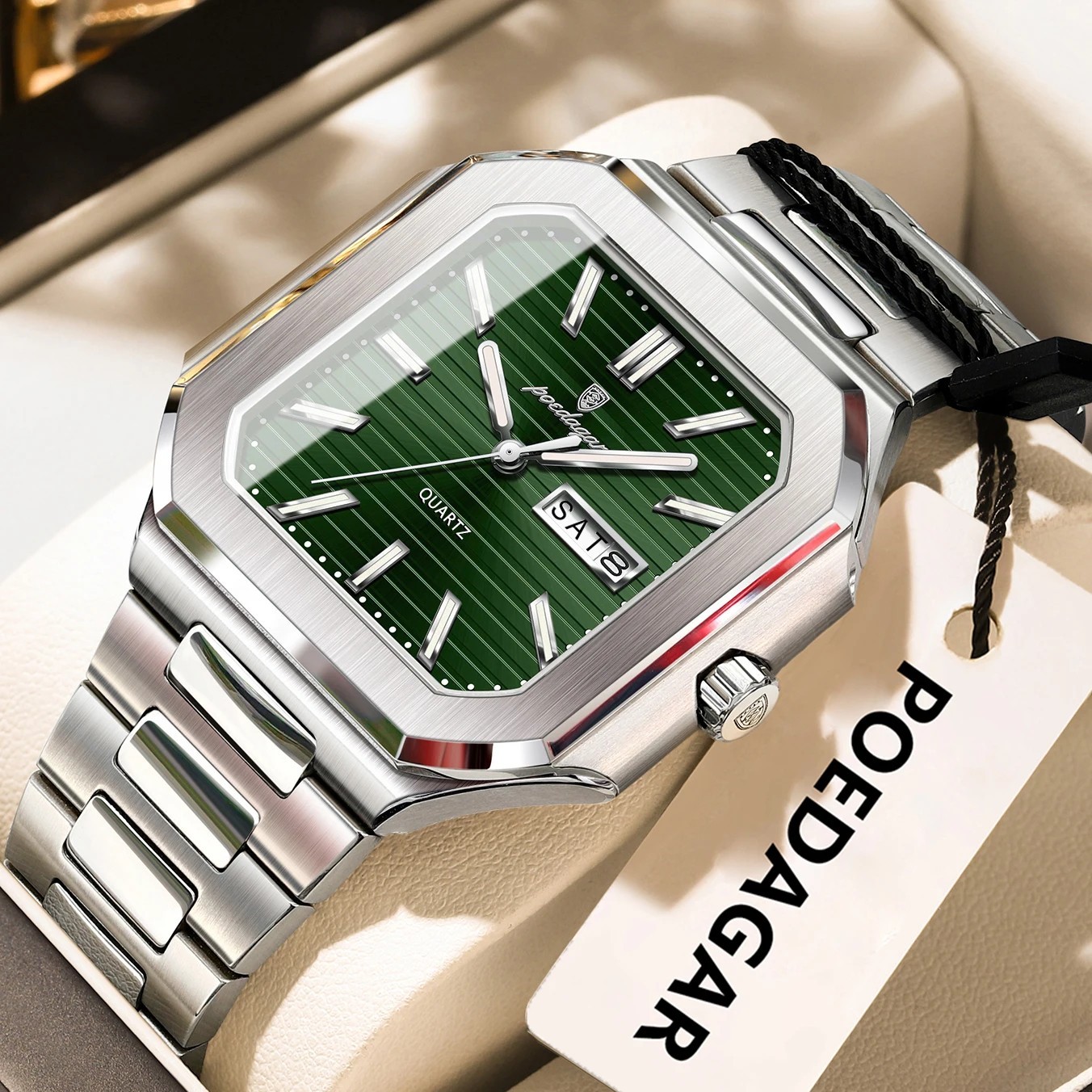 Luxury Men’s Watch Square Stainless Steel Waterproof Luminous Date Week