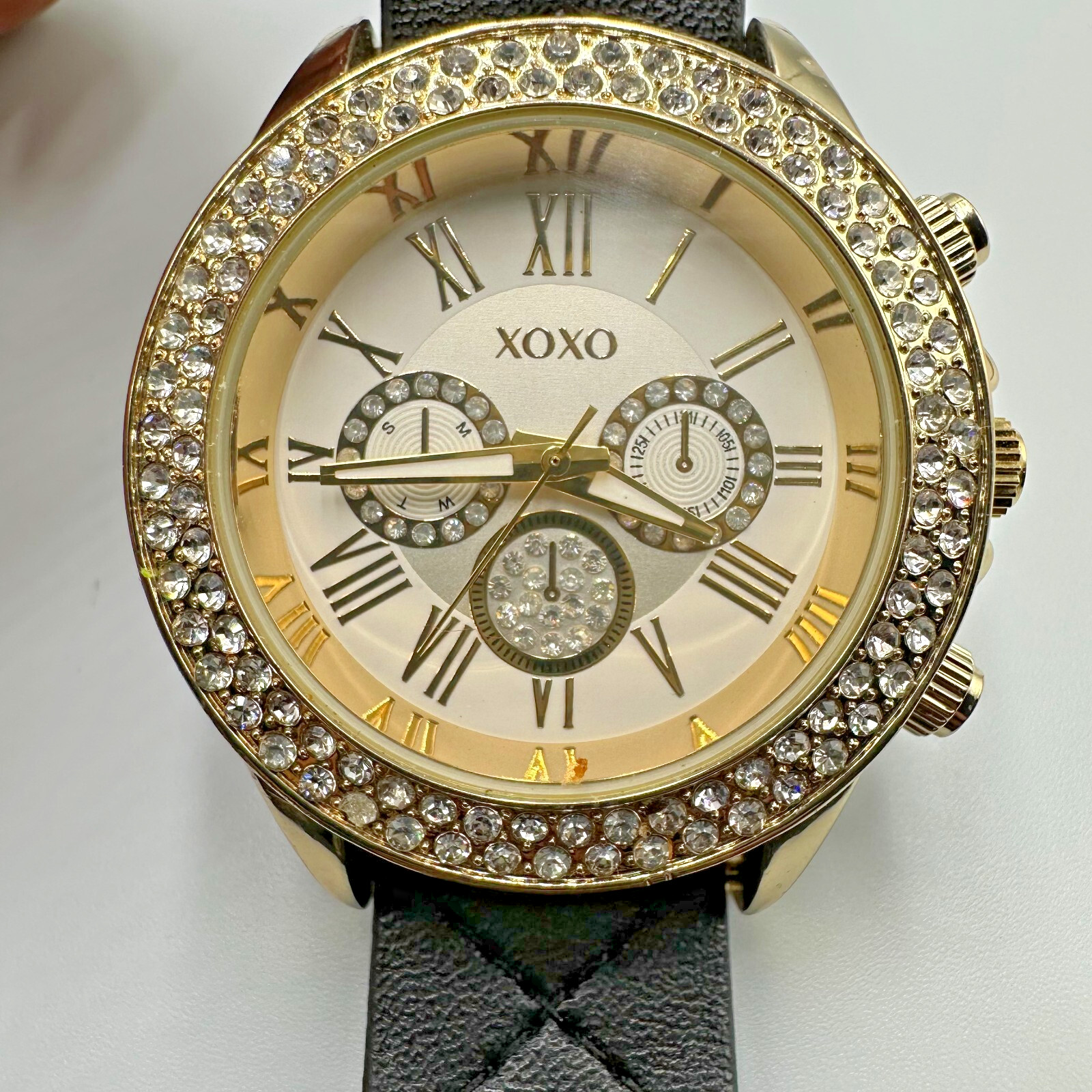XOXO Watch Women Gold Tone Black Quilted Faux Leather Band New Battery 9″