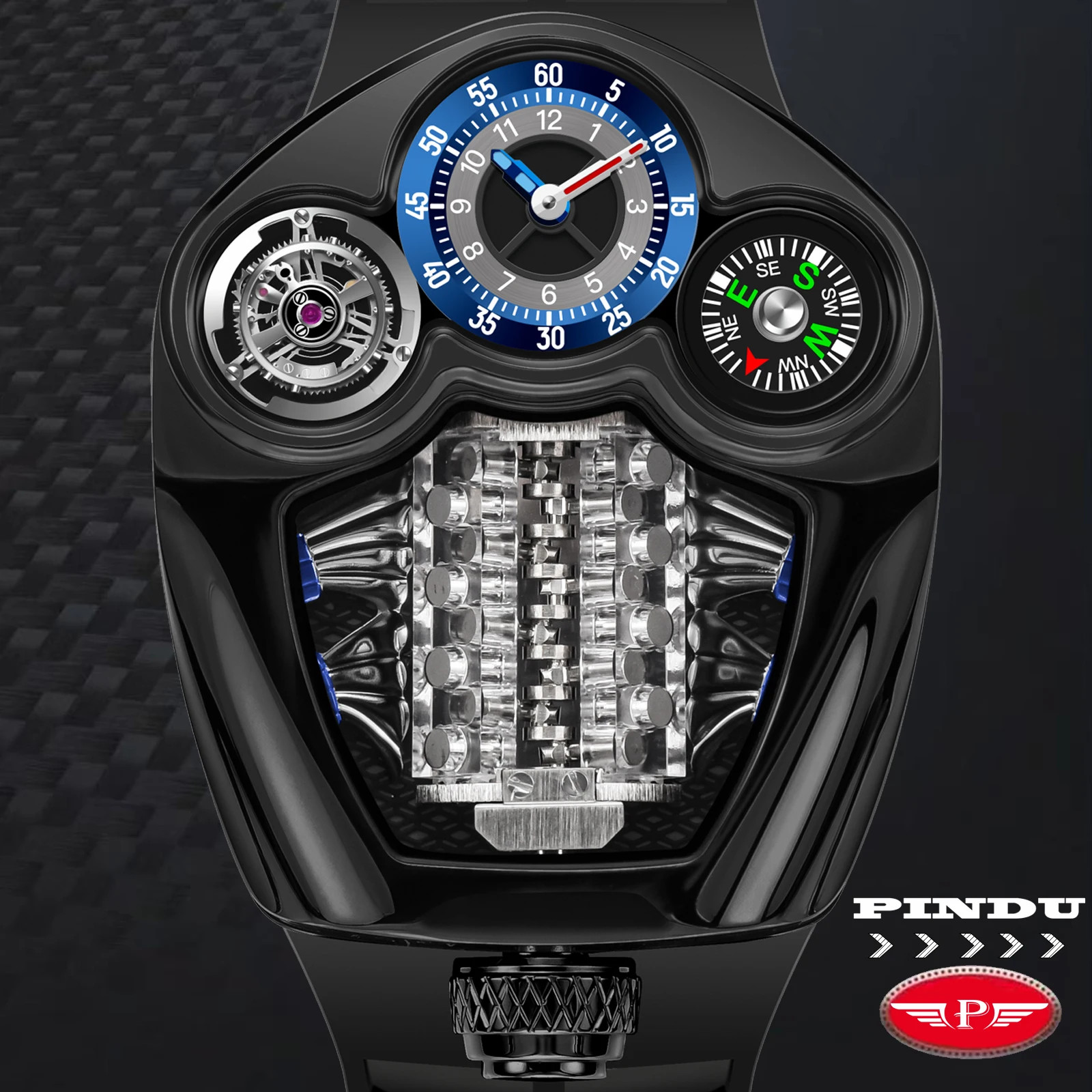 PINDU Engine Series Watch Men Compass Waterproof Swiss Quartz 762 Movement