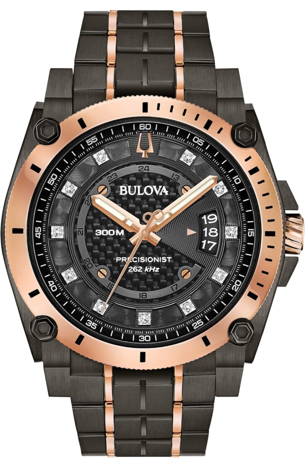 Bulova Precisionist Quartz Diamond Accent 2-Tone Black 46mm Watch 98D149 ROSE G