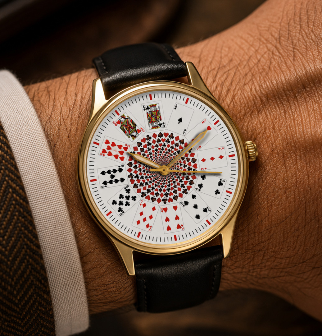 CLASSIC PLAYING CARDS POKER ART SOLID BRASS 44 mm CASINO COLLECTIBLE DRESS WATCH