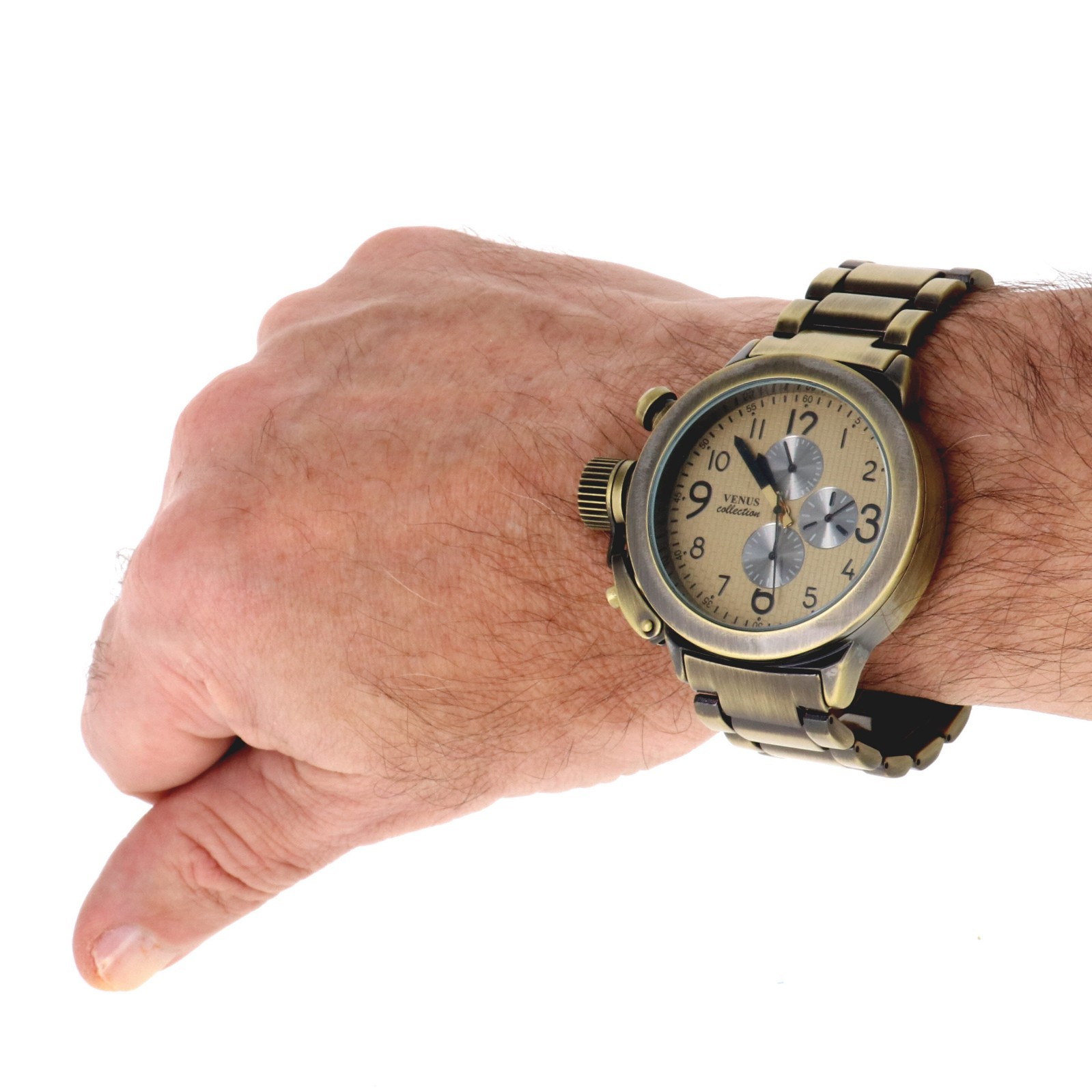 Venus collection Men’s Oversize Watch & Crown Brass Finish Metal Band 46mm