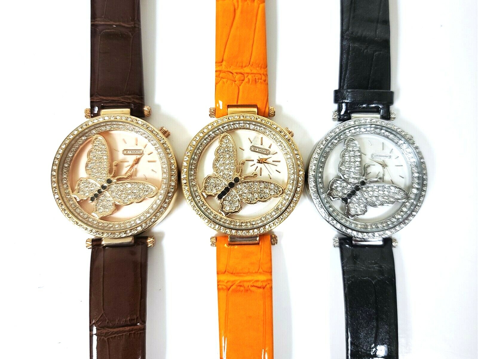 SKY MARINE ROSE,GOLD,SILVER CRYSTAL GLITZ BUTTERFLY,PATENT LEATHERETTE WATCH