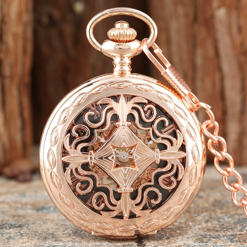 Steampunk RoseGold Skeleton Mechanical Pocket Watch Roman Dial Wedding Gift