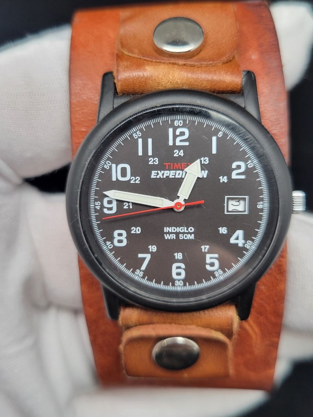 Timex Expedition Men’s Black Dial Watch with Brown Leather Cuff
