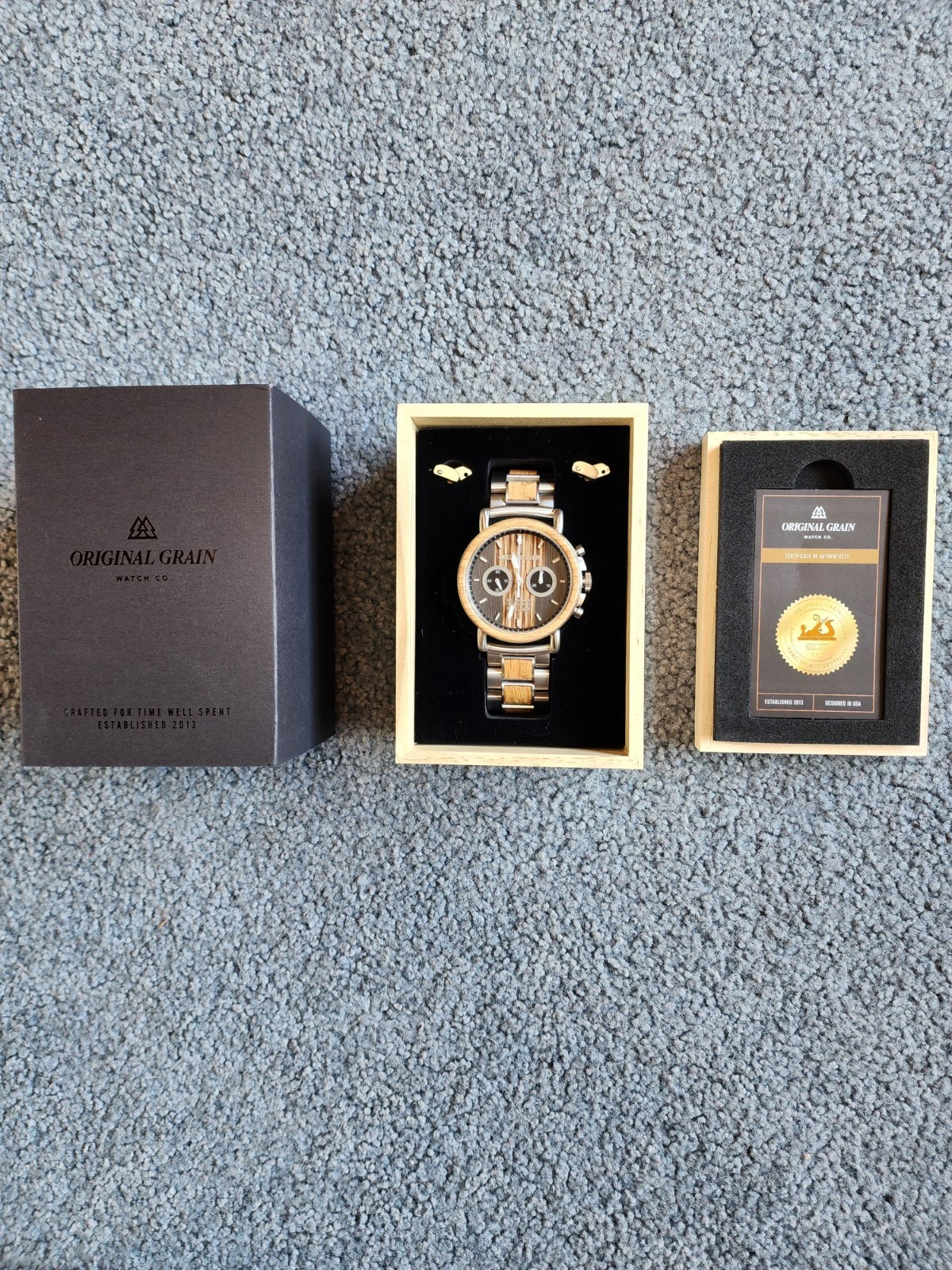 Original Grain Brewmaster Mechanical Chronograph 44mm Wood Watch Box/Papers LN