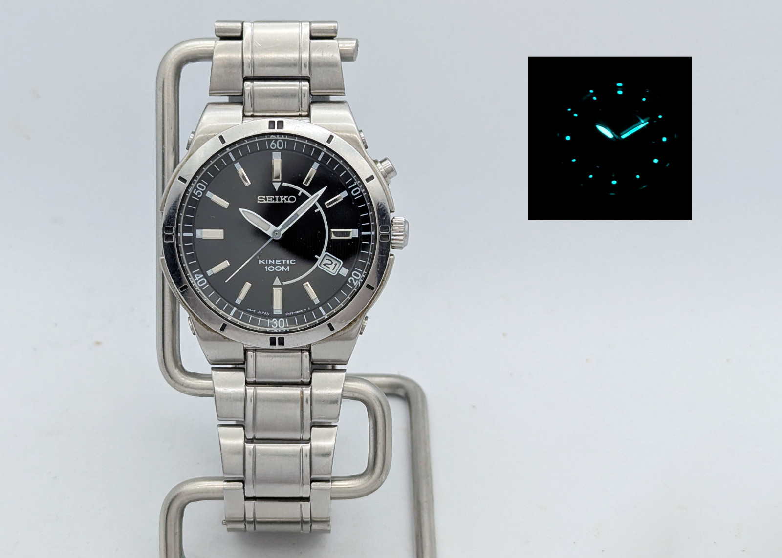 Seiko Kinetic 5M62 Black Dial 100M Exhibition Back | New Capacitor & Crystal