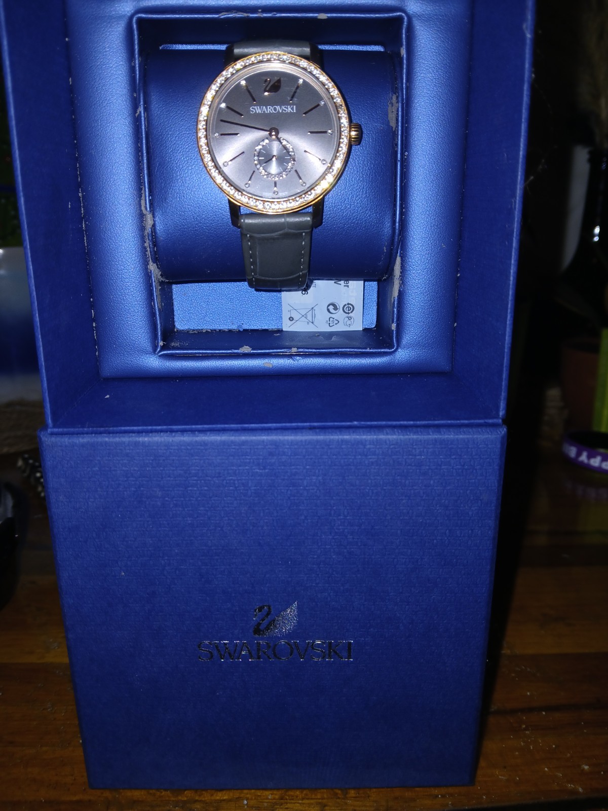 Swarovski Luxury Women’s Wristwatch Gem-Set Bezel Black Leather Gold Case Box