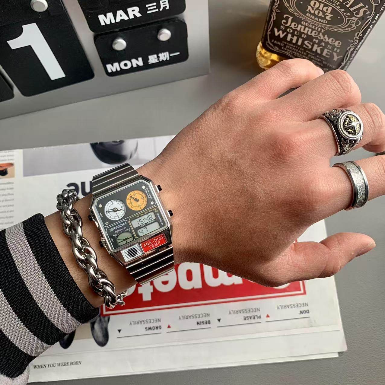Retro Thin Square Sports Watch Luminous Alarm Waterproof Stainless Steel Band