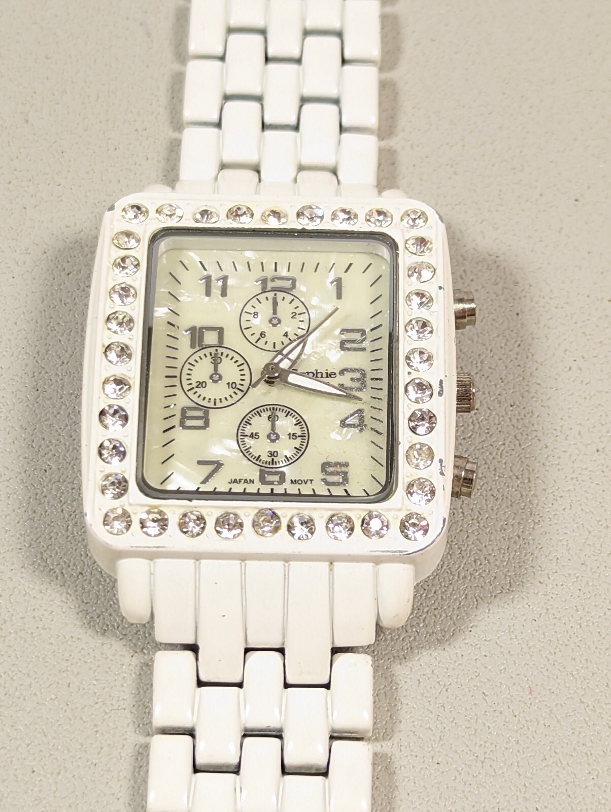 Pearlized Dial Crystal Accent White Link Bracelet Band Watch 7 Inch