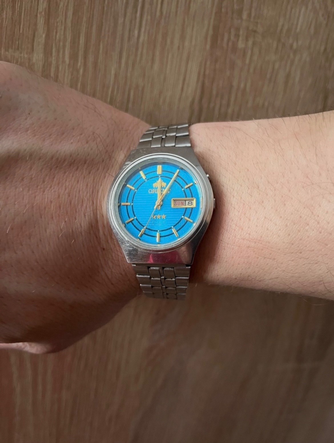 Vintage Orient Three Star Automatic Blue Dial Day Date Japan Men’s Watch