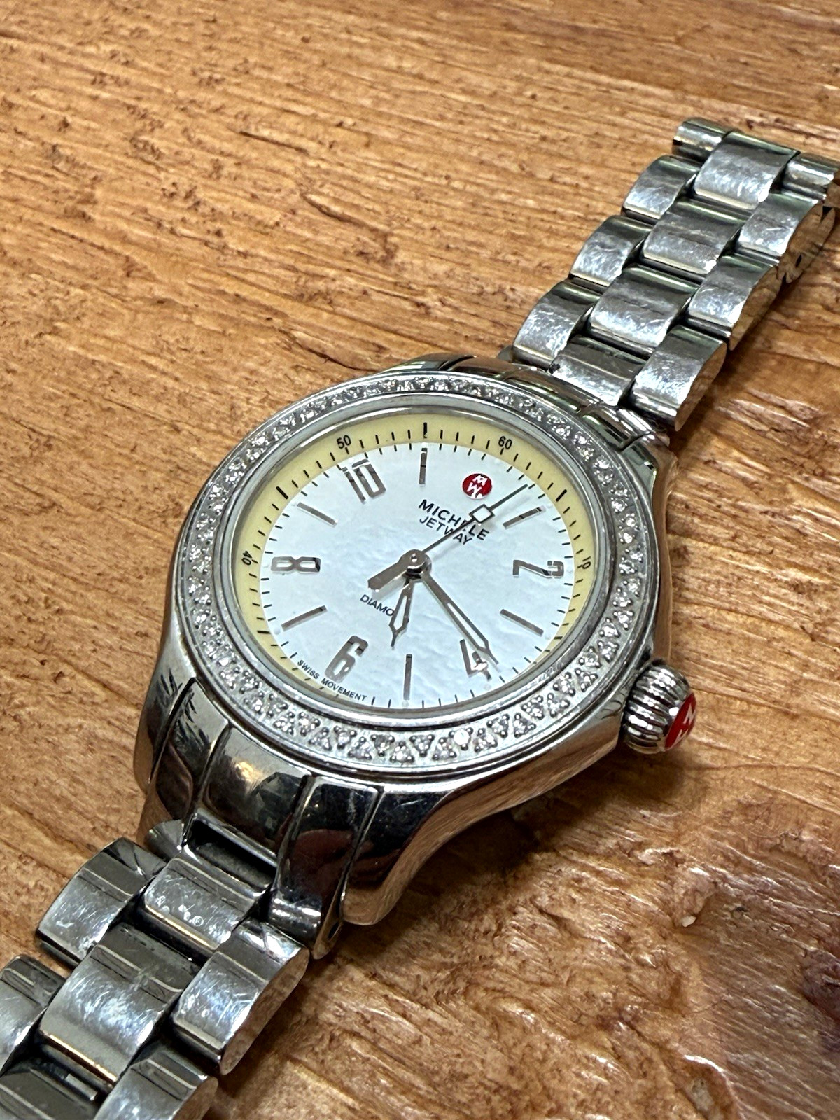 MICHELE Jetway Women’s Watch Swiss Quartz Diamond Bezel Silver SS Watch 32mm 50m