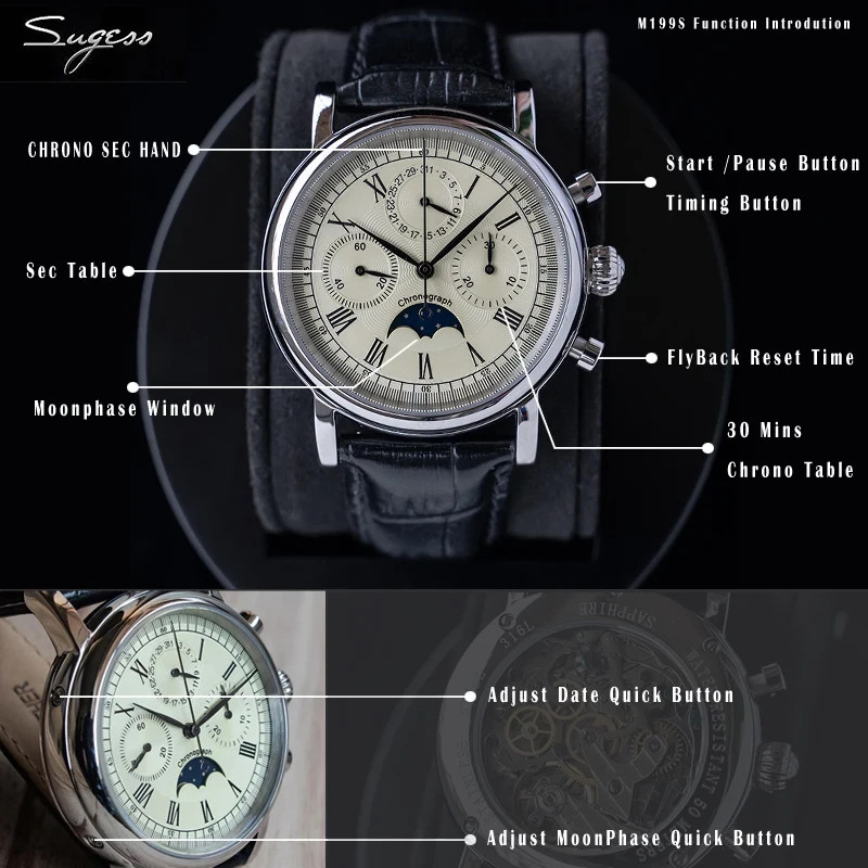 Sugess MoonPhase Chronograph 40mm Cream Dial ST1908 Mechanical Saphire Watch