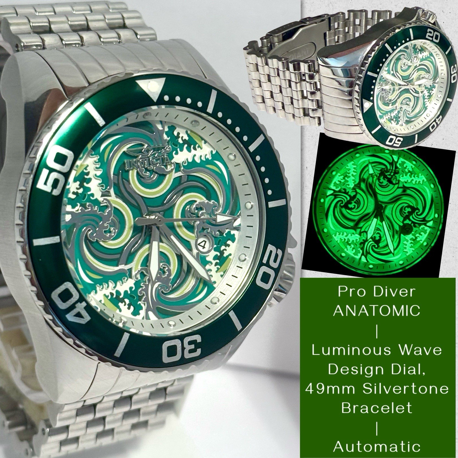 49mm Auto ANATOMIC Luminous Dial | Silvertone Bracelet Pro Diver Invicta Watch