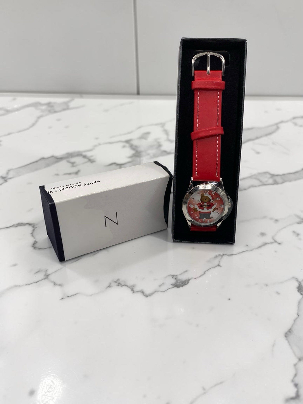 Avon Santa Bear Christmas Watch Red Faux Leather Strap NOS Holiday Gift 2010