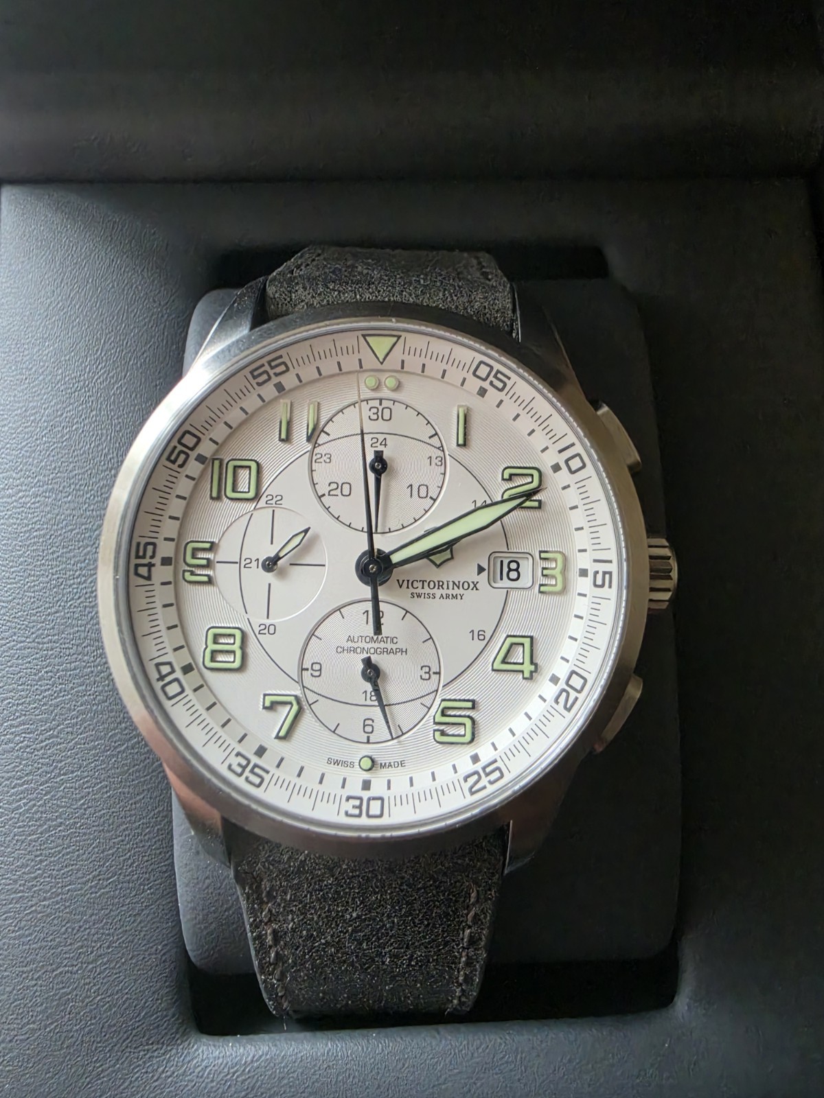 Swiss Army Men’s Watch AirBoss Automatic Chronograph Silver Tone Dial 241616