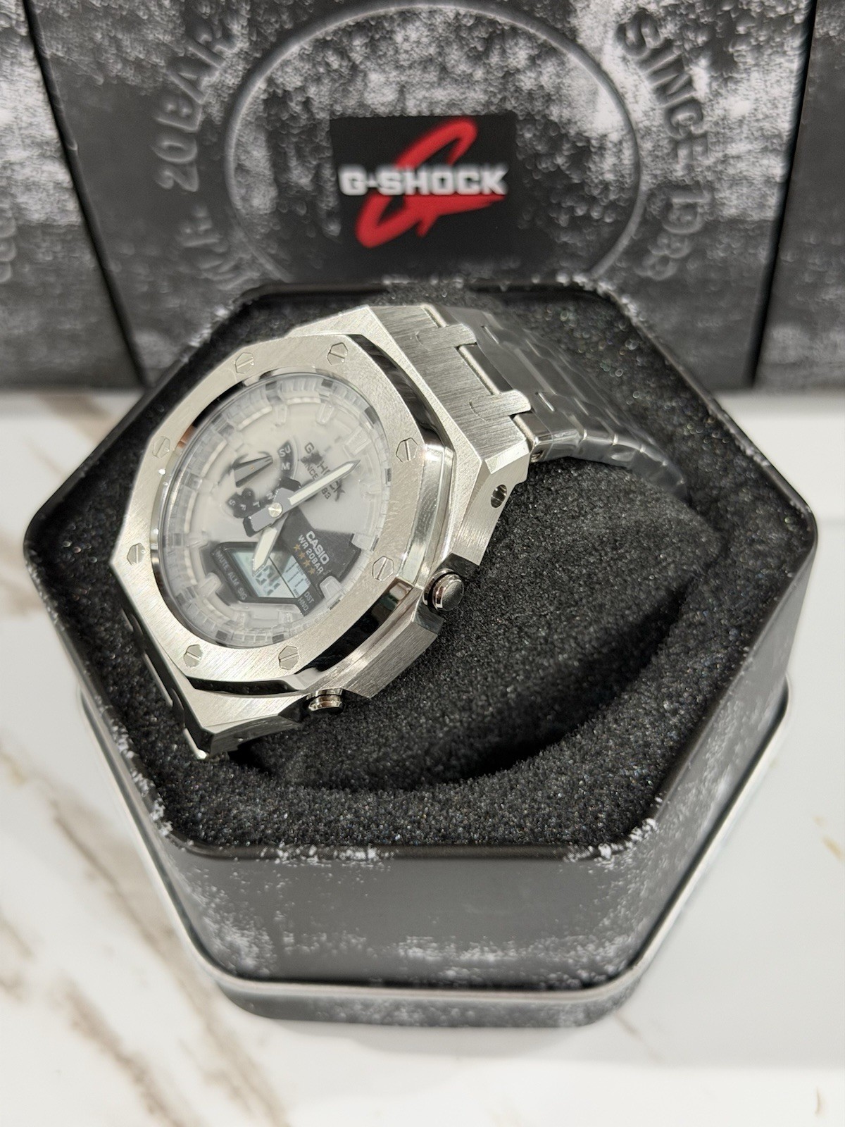 Casio GA-2100 G-Shock Watch – Sandblasted Silver Case Mod – White Dial
