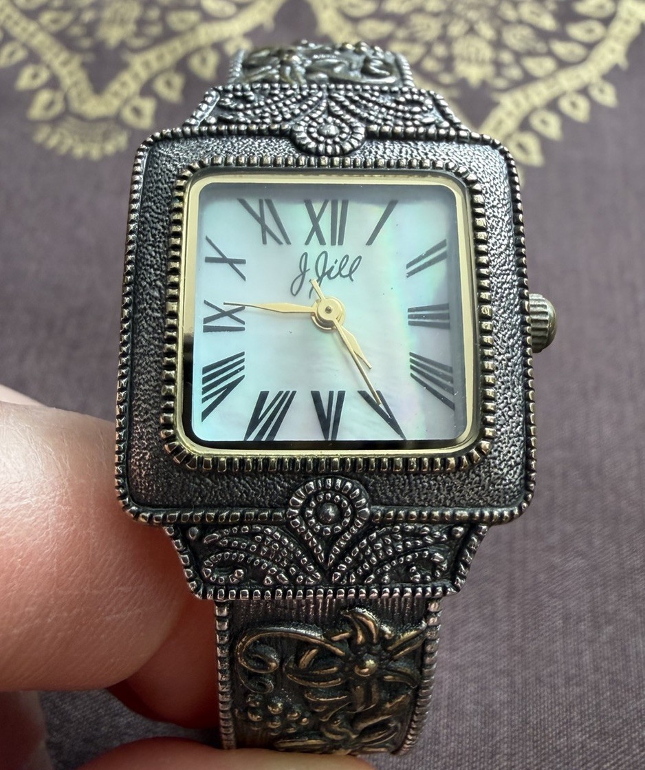 J.Jill Clamper Watch Mother of Pearl Ornate Brass/Silver-Tone Japan Movement