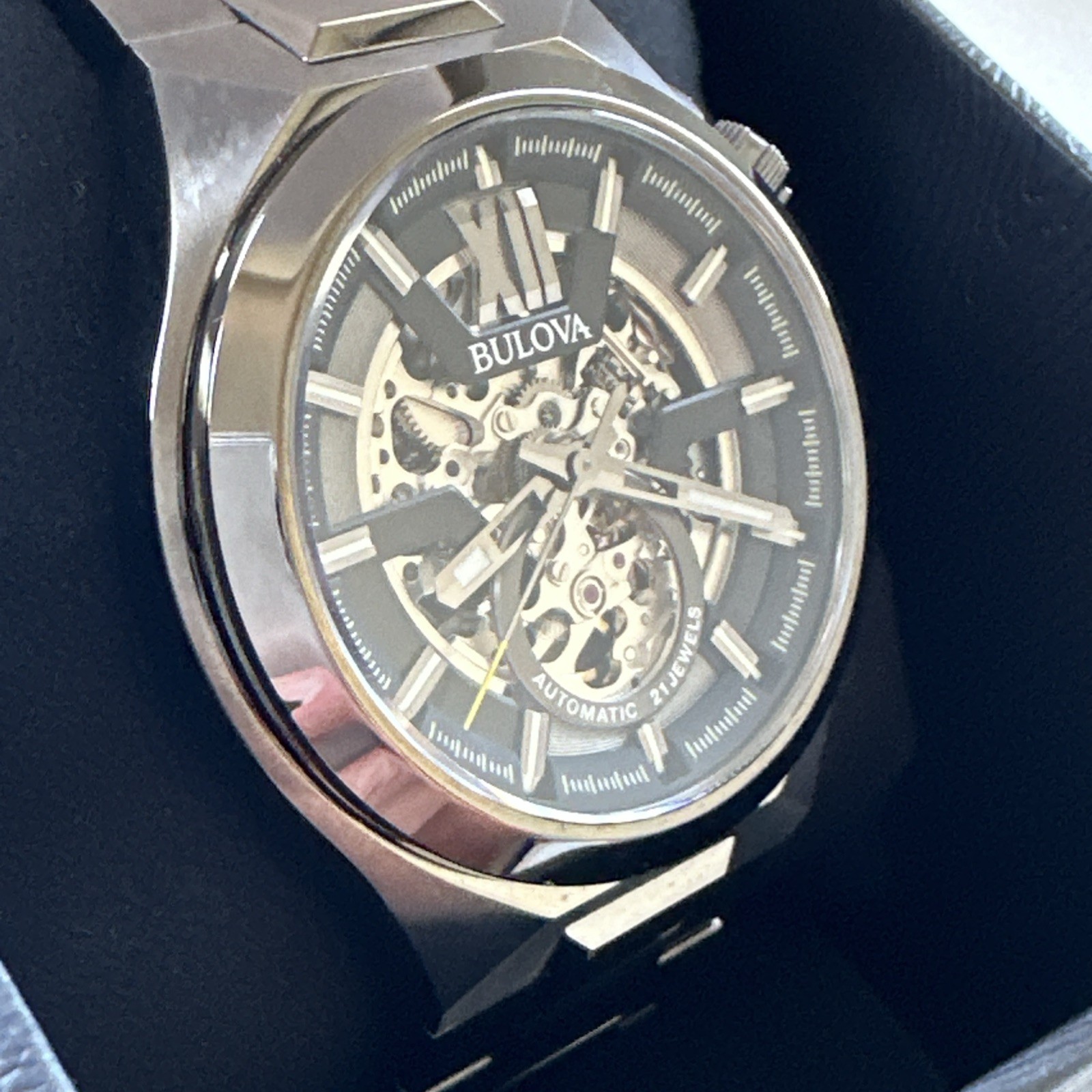 Bulova Womens Maquina Automatic Skeleton Gray Stainless Steel Watch 46MM 98A179