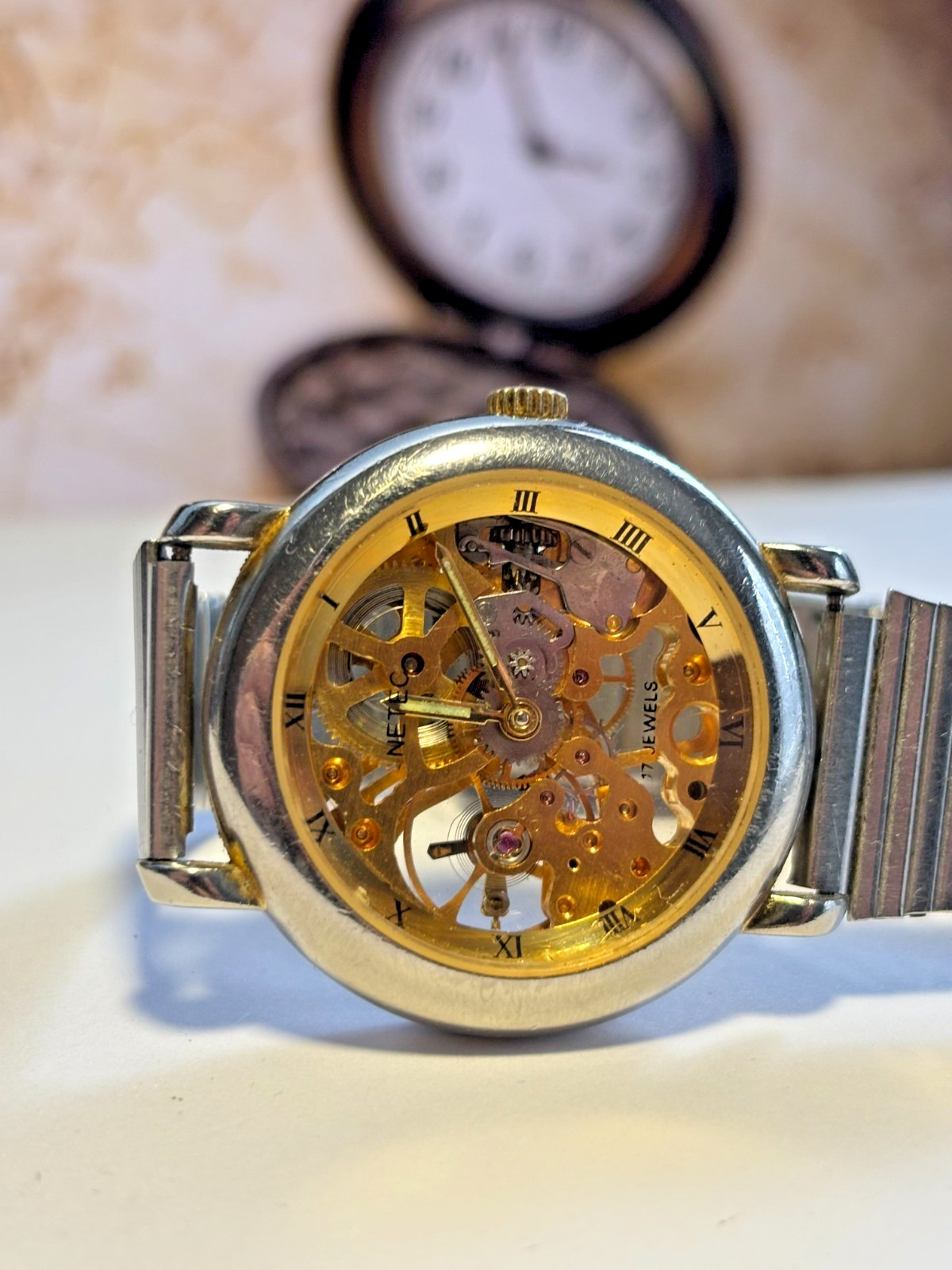 Vintage NETEC Skeleton Mechanical Men’s Watch – 17 Jewels – Swiss Movement