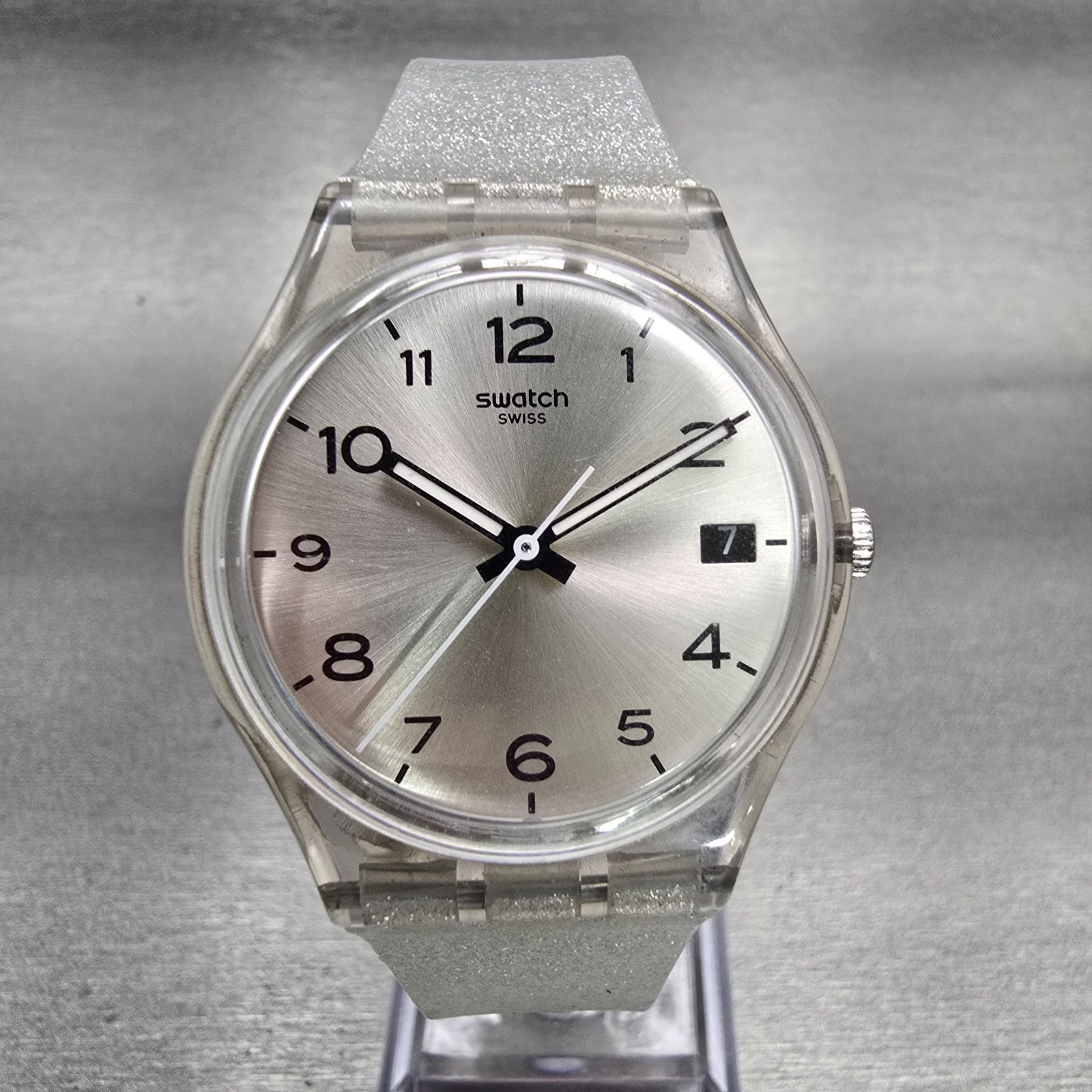 Swatch Silverblush Watch Men 34mm Silver Dial Clear Case Date GM416C New Battery