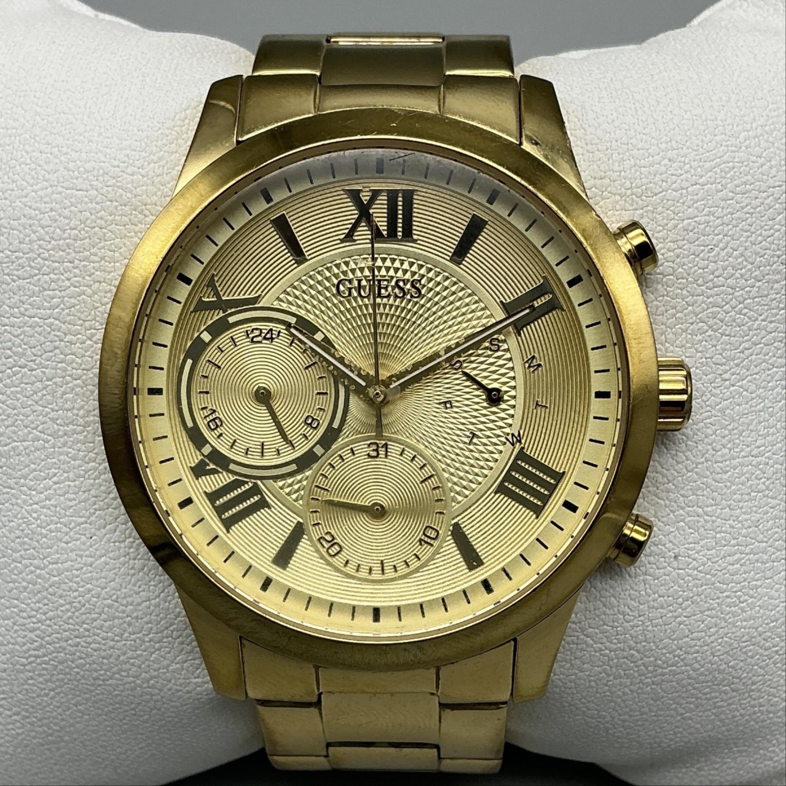 Guess U1070L2 Mens Watch 40mm Gold Tone Stainless Multi Day Date New Battery 6″