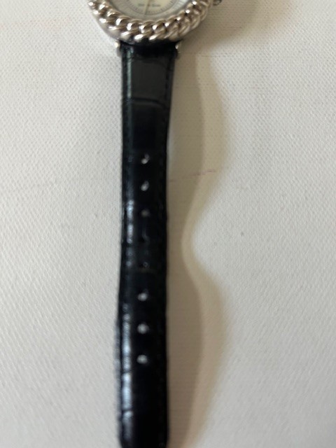 Ecclissi Sterling Silver Watch with Black Leather Band Mother of Pearl Face