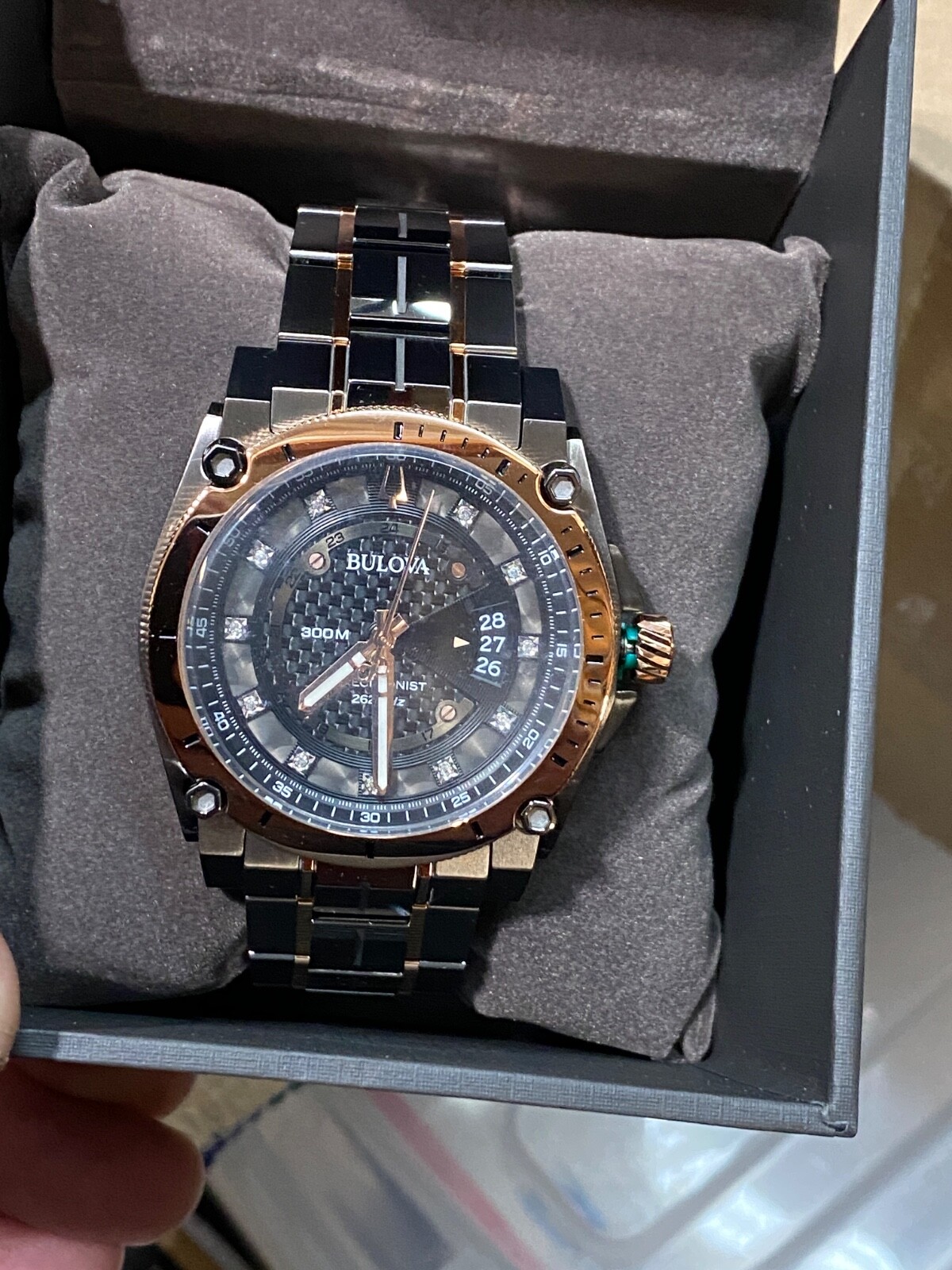 Bulova Precisionist Quartz Diamond Accent 2-Tone Black 46mm Watch 98D149 ROSE G
