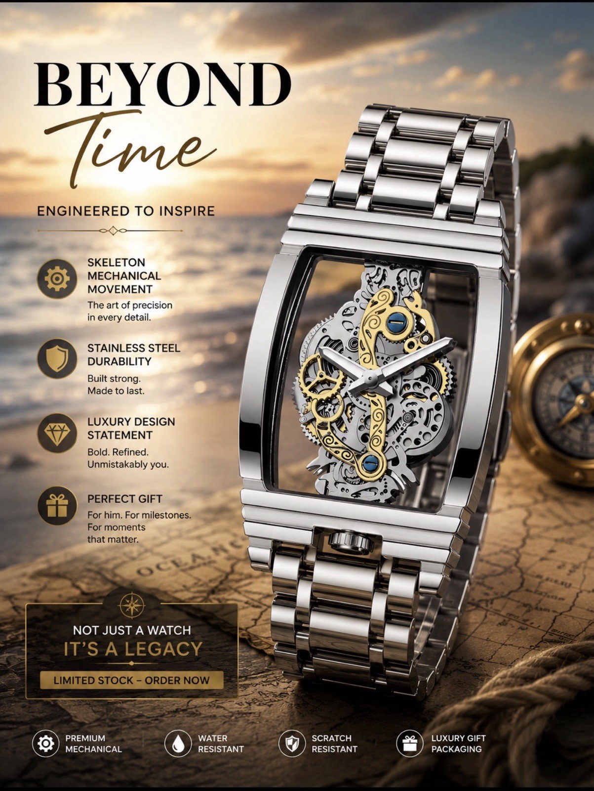 Men’s Skeleton Dial Manual Mechanical Tonneau Watch Silver SS Bracelet WR