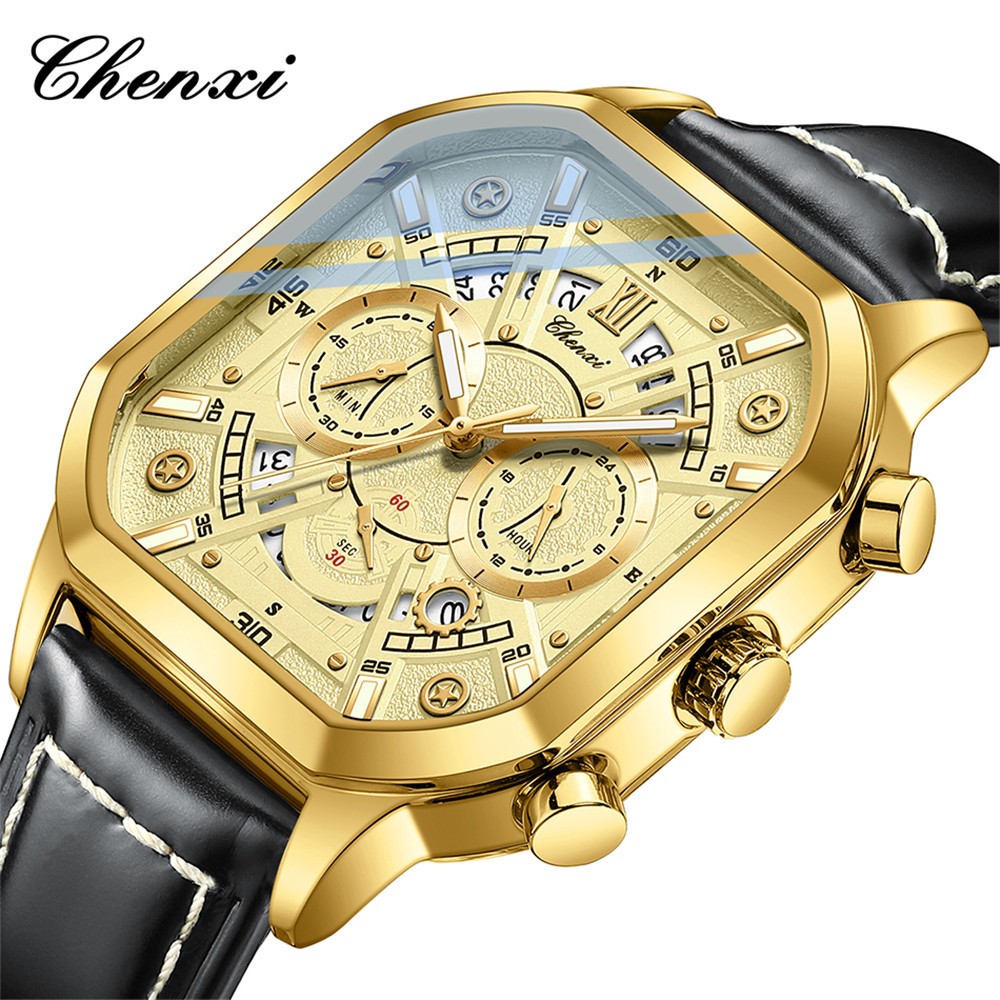 CHENXI Men Square Watch Multifunction Six-hands Luminous Boys Leather Wristwatch