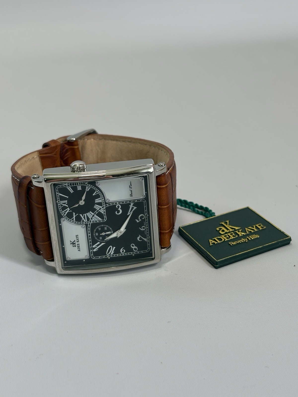 Adee Kaye Beverly Hills Dual Time Watch Square Brown Leather Band AK410M