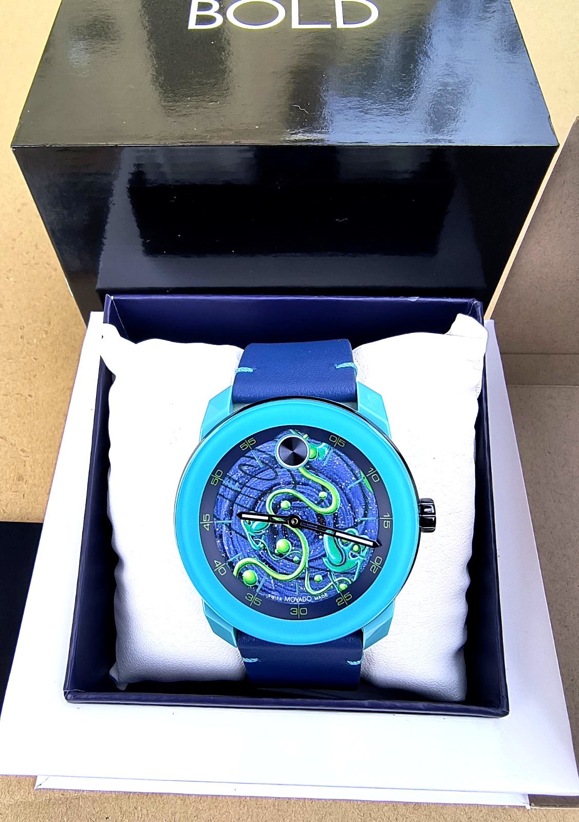 NEW✅LIMITED✅ MOVADO X KENNY SCHARF Artist Series Signature Blue Leather Watch