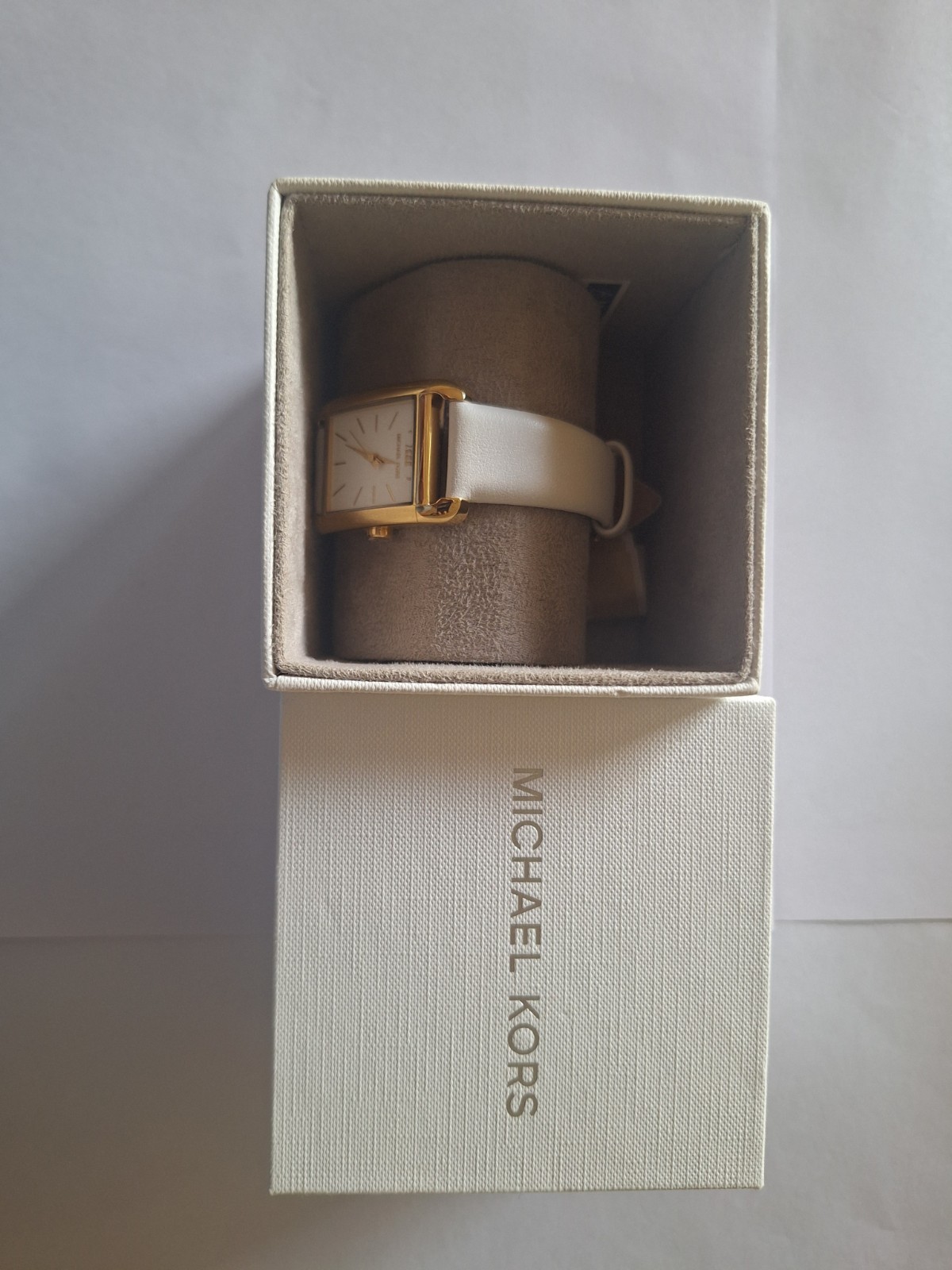 Michael Kors Women’s Rectangular Gold-Tone Watch White Leather Band Quartz Box