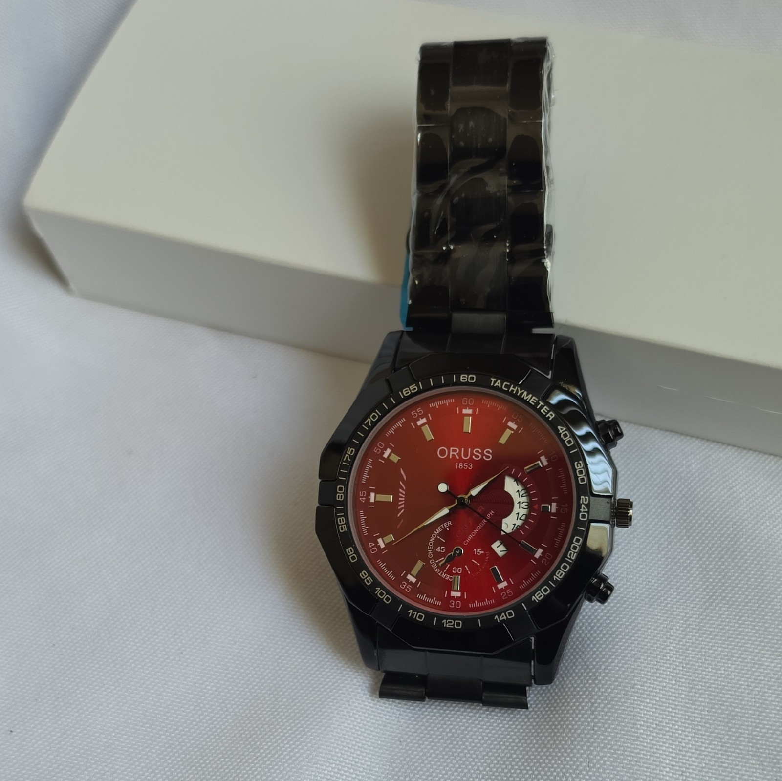 Oruss 1853 Men’s Quartz Chronograph Tachymeter Date Black Steel Red Dial