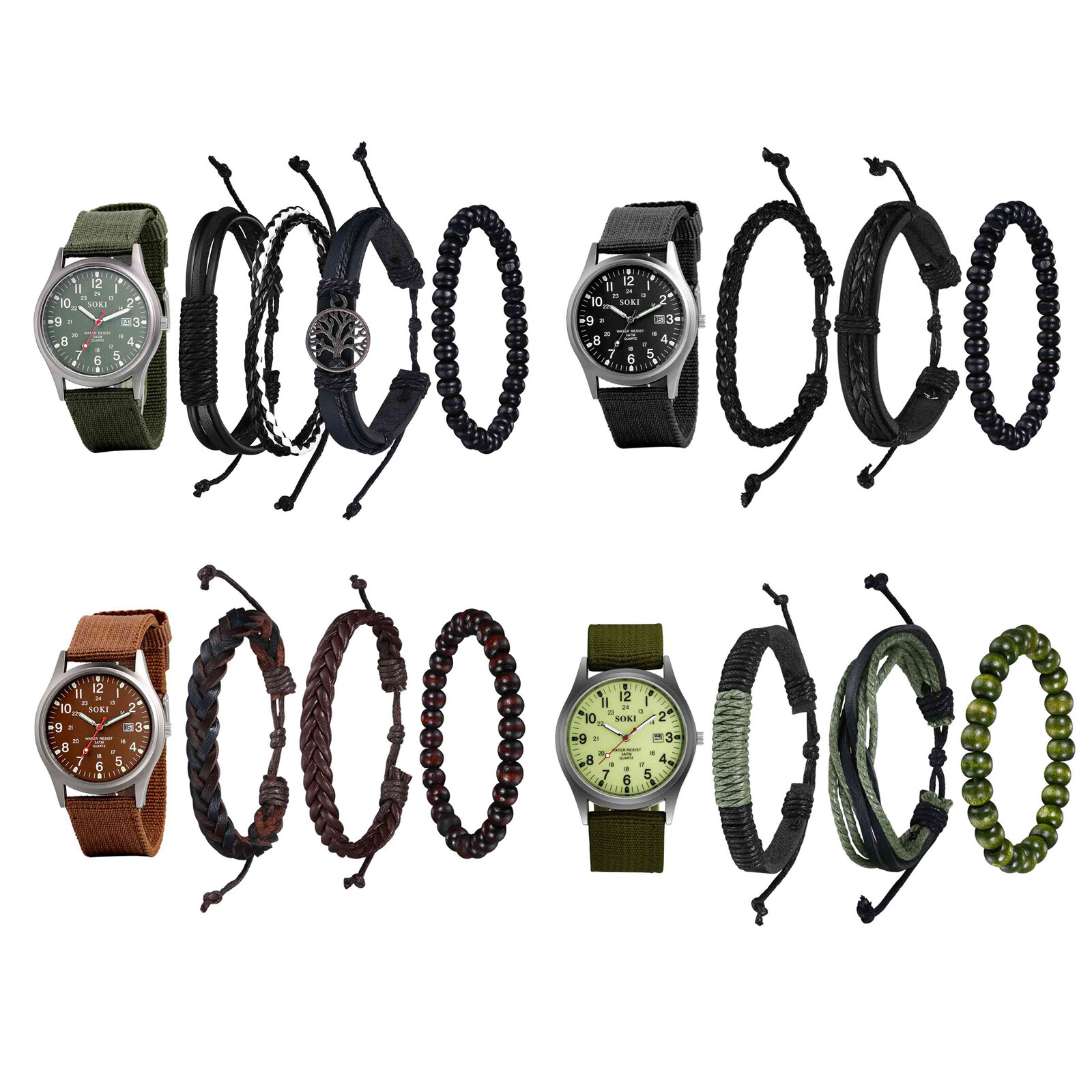4Pcs Mens Military Sports Nylon Canvas Quartz Wrist Watch Braided Bracelets Set