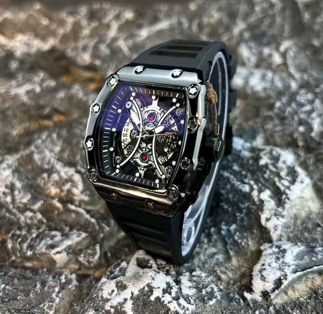 Tonneau Skeleton Dial Analog Wristwatch w/ Date, Black Rubber Strap Big Face New