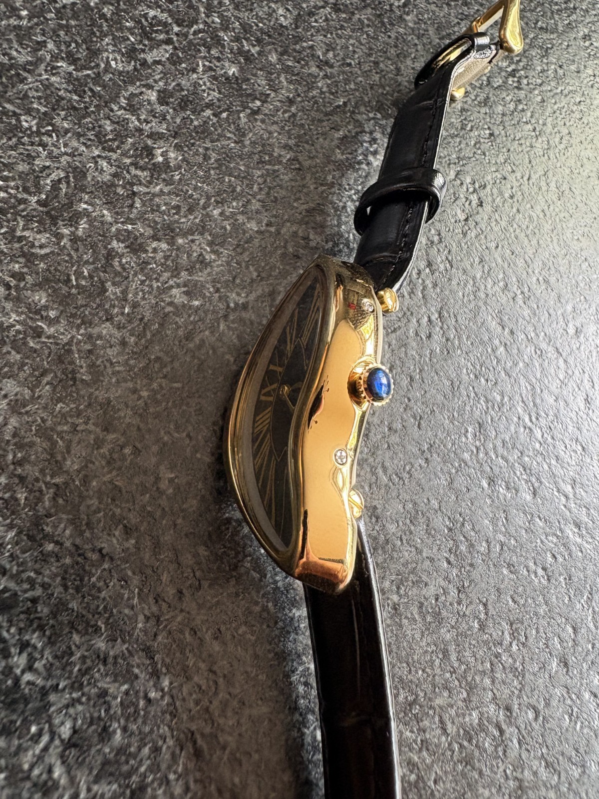 French Gold Melting Dali Black Alligator Strap Dress Watch Numeral Quartz