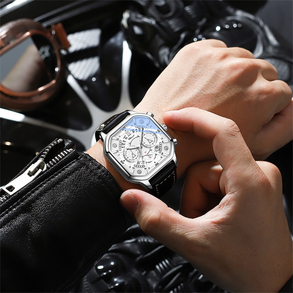 CHENXI Men Square Watch Multifunction Six-hands Luminous Boys Leather Wristwatch